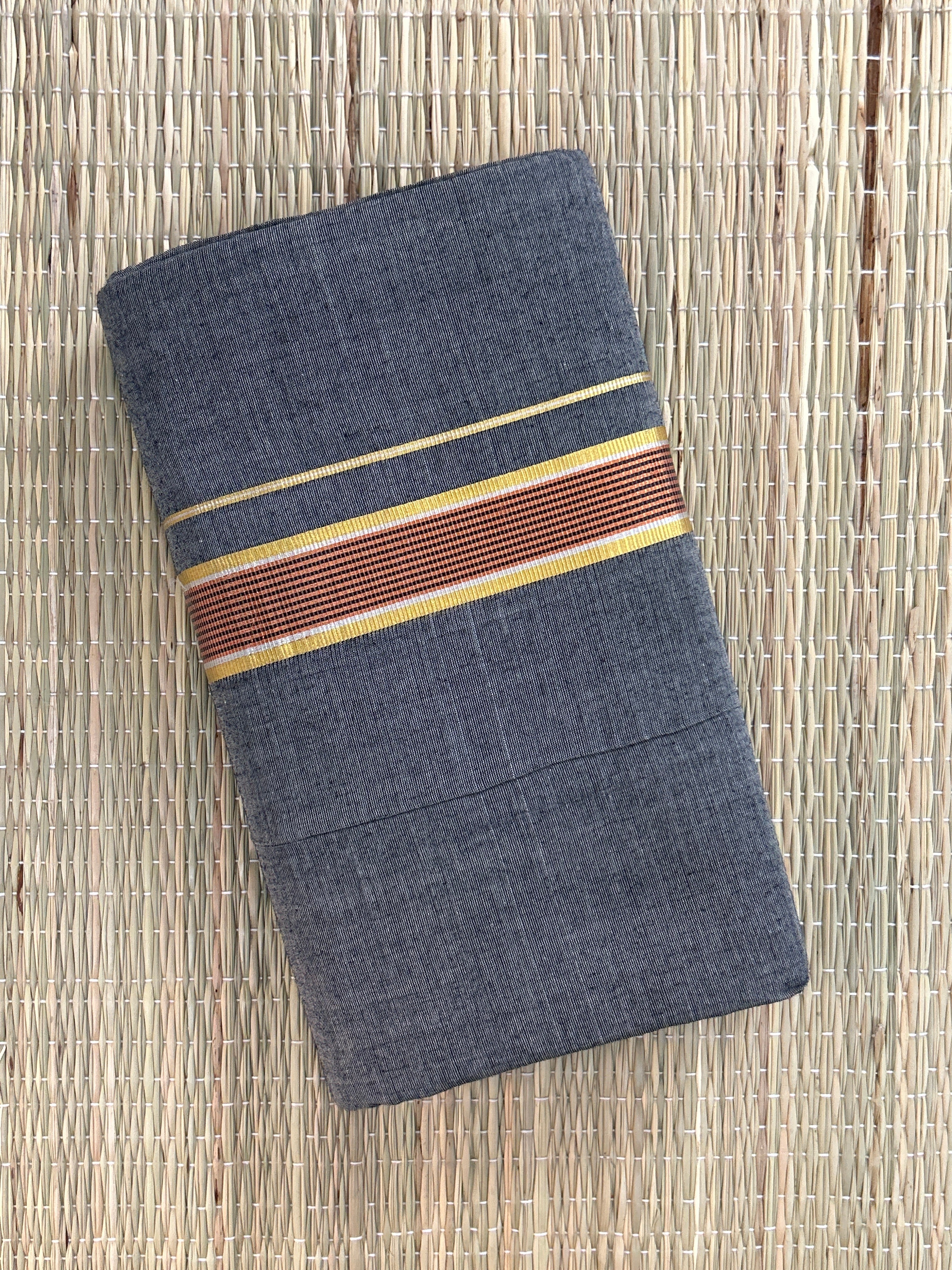 Grey Handloom Dhothi - Gold and Maroon Zari