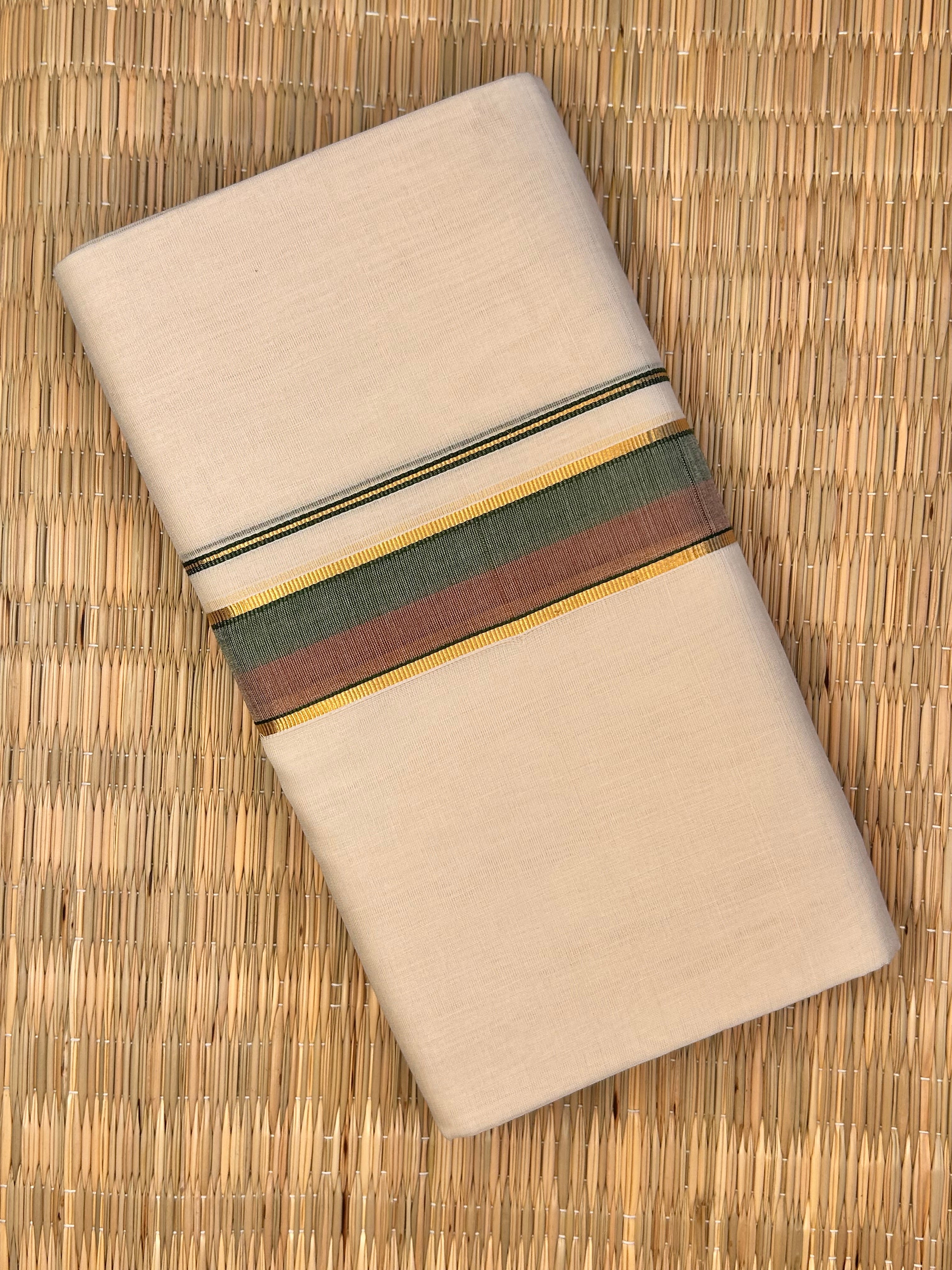 Green, Gold and Maroon Zari-Off White Handloom Dhothi