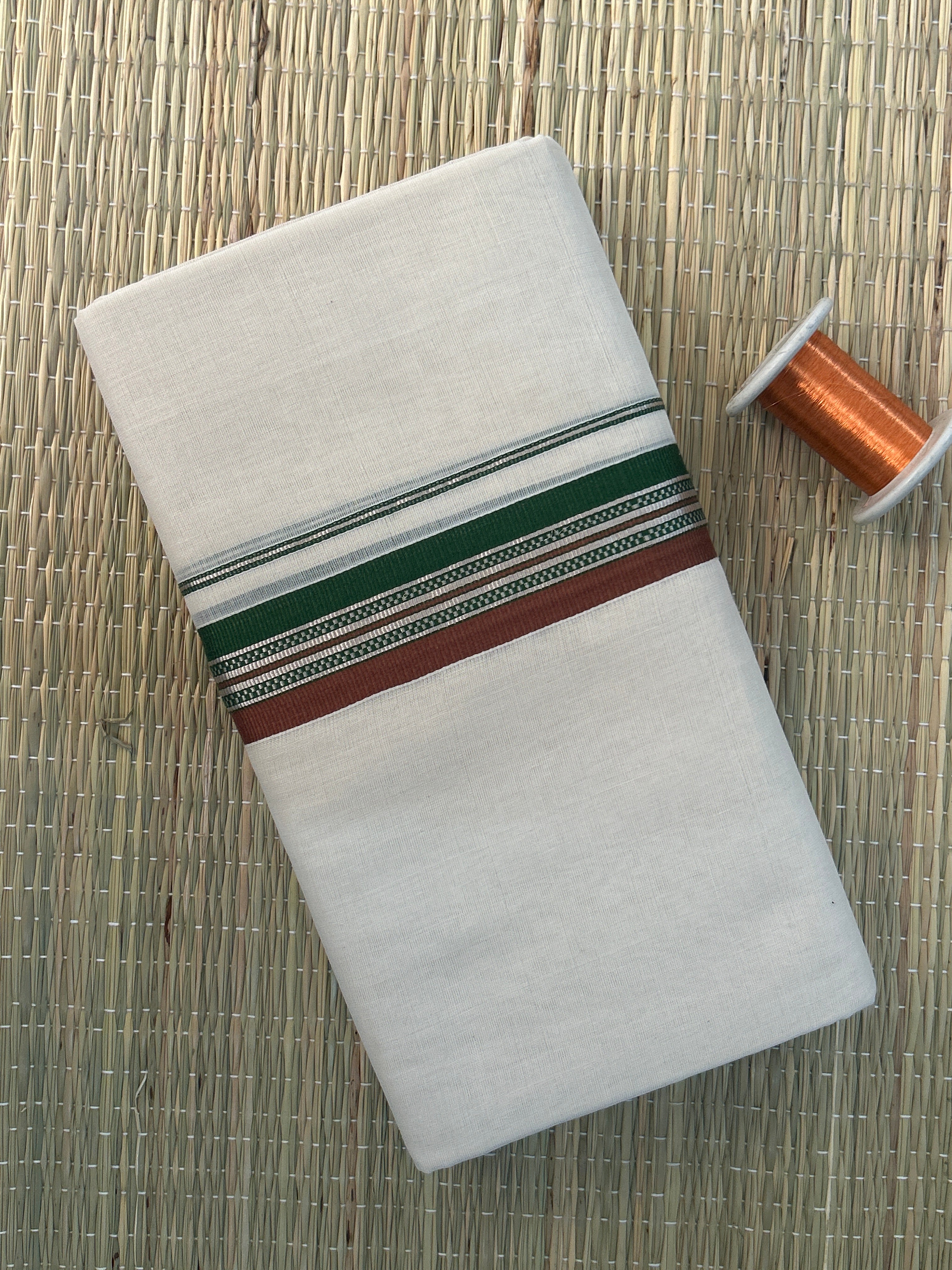 Green and Maroon Zari -White Handloom Dhothi