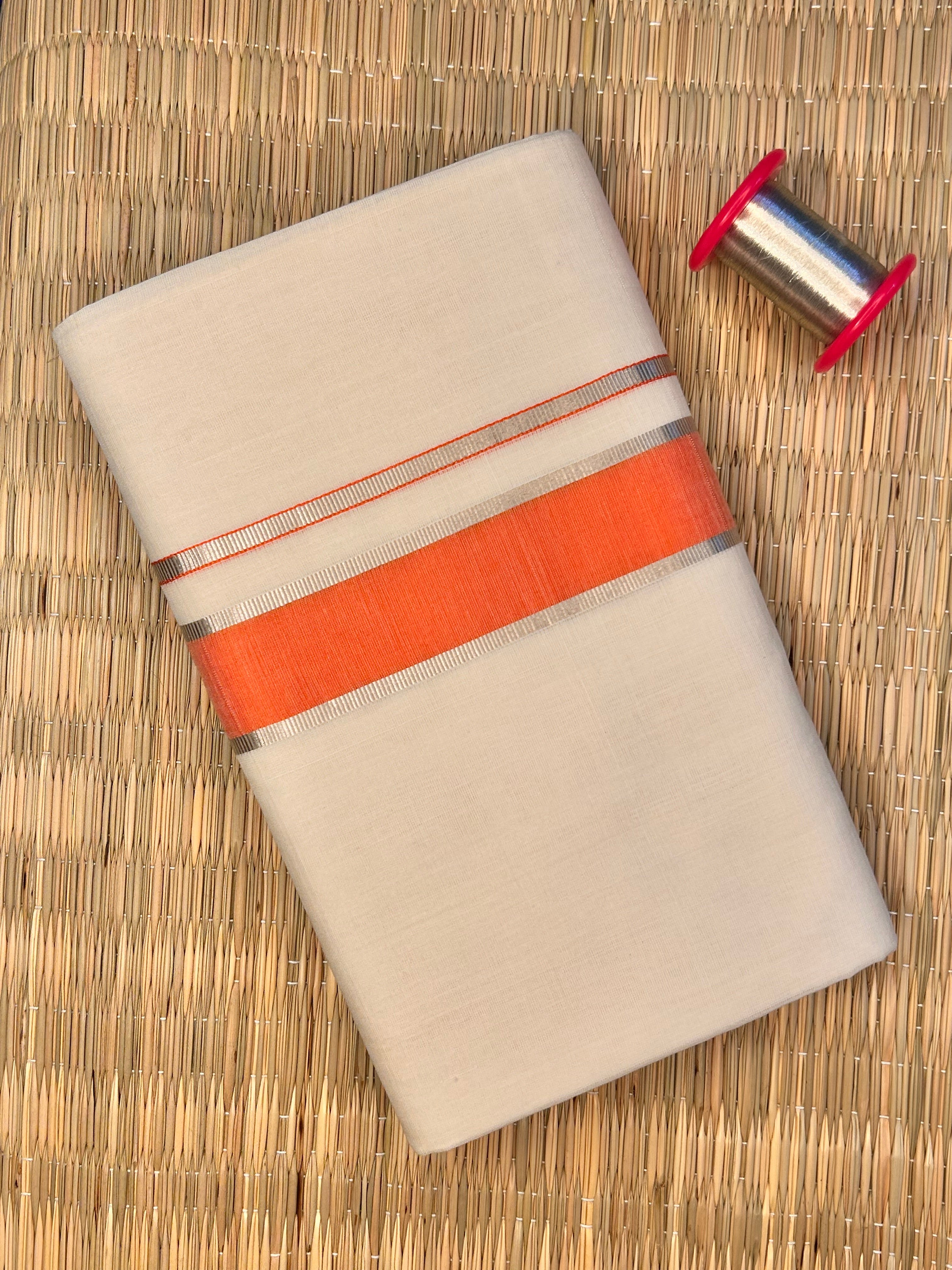 Silver and Orange Zari-Off White Handloom Dhothi