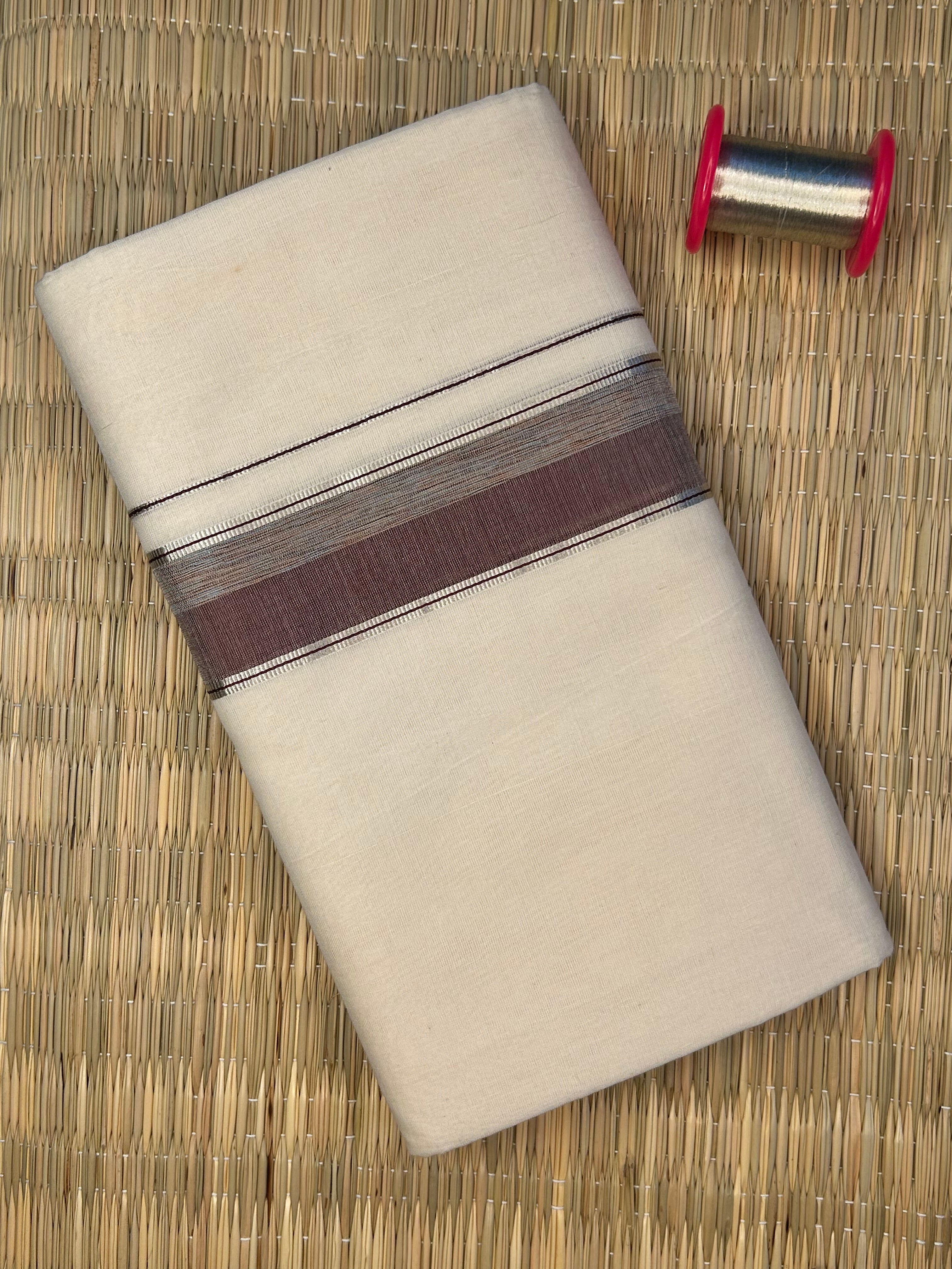 Silver and Brown Zari-Off White Handloom Dhothi