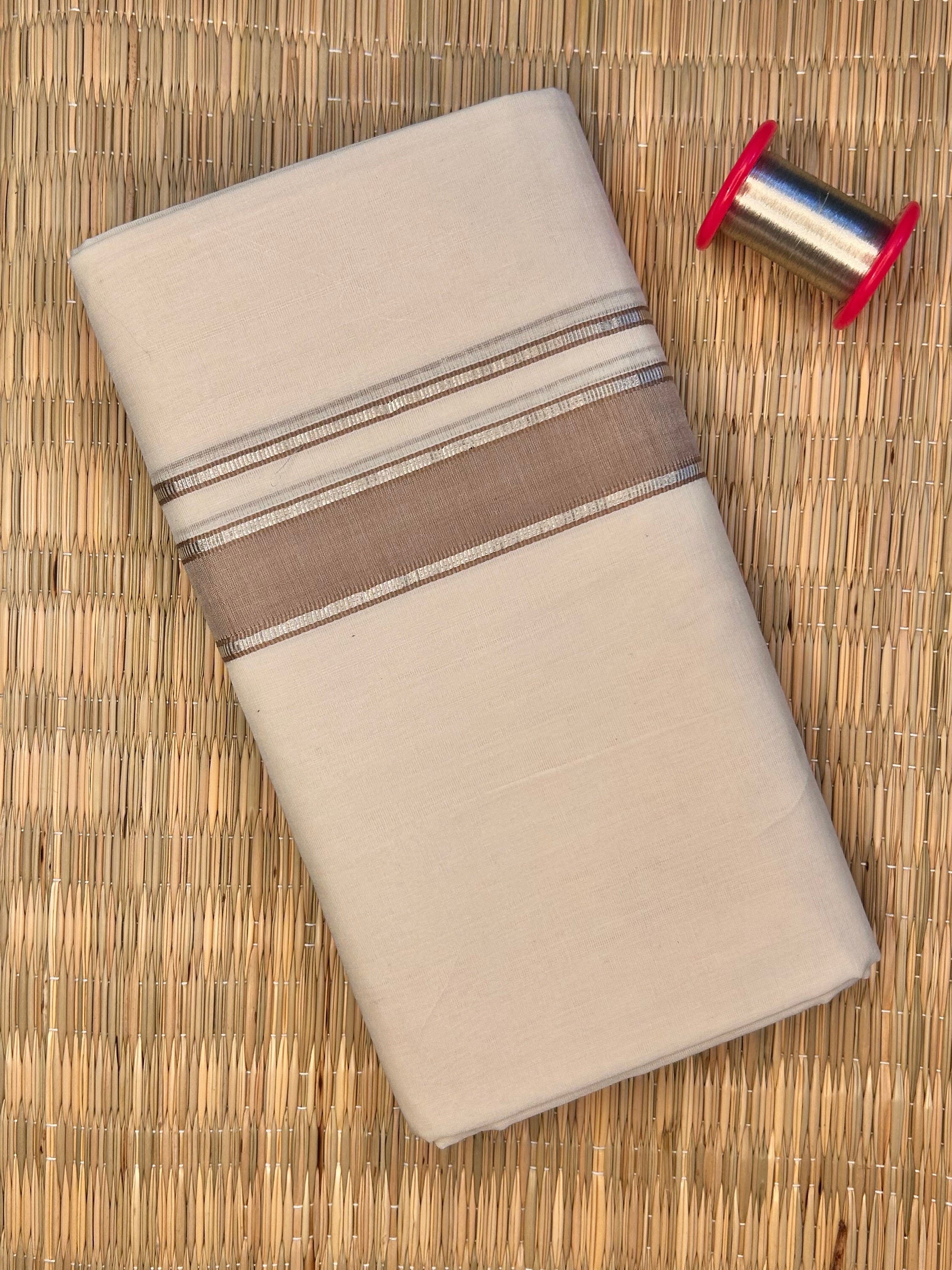 Silver and Taupe Zari-Off White Handloom Dhothi