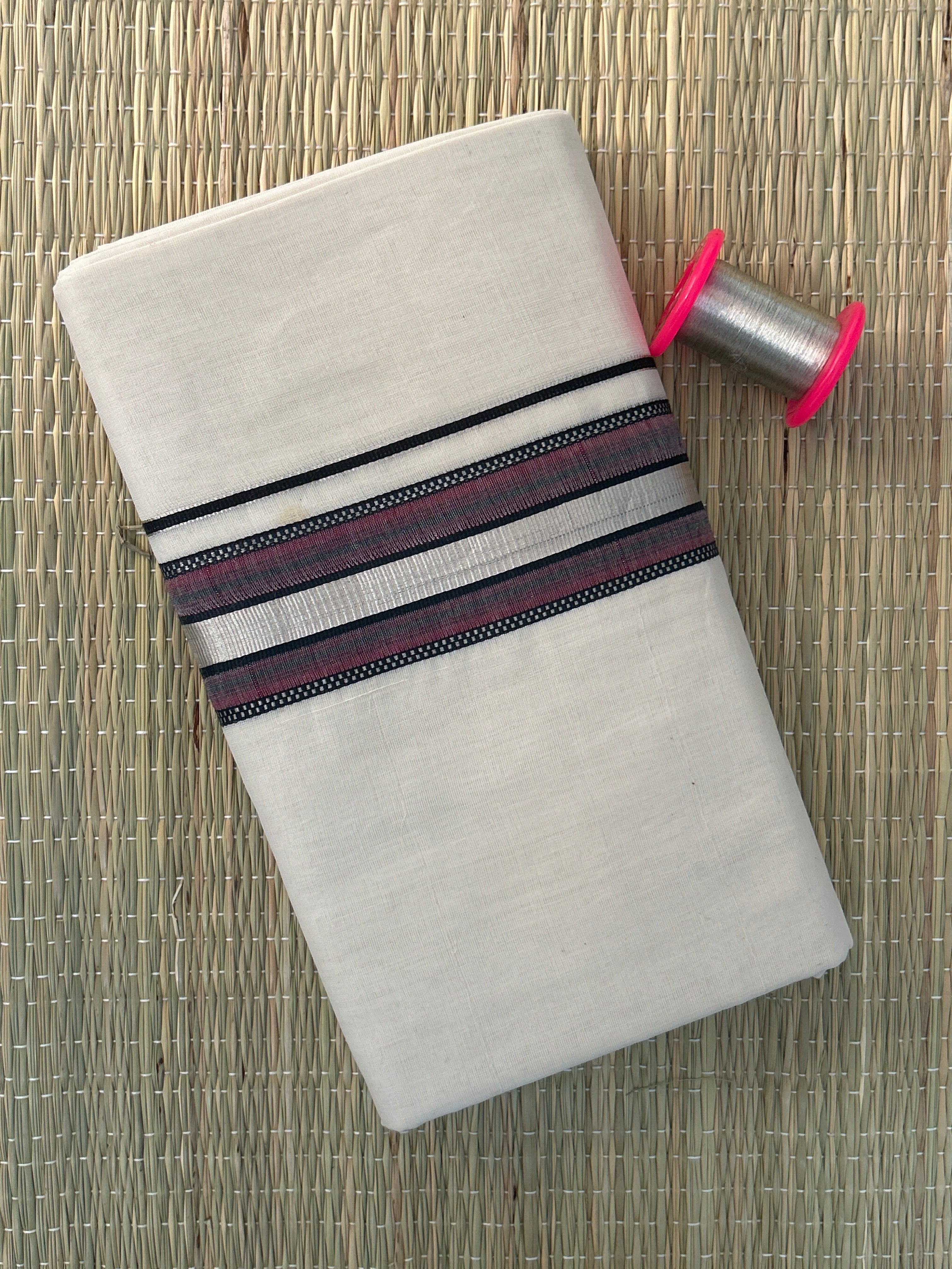 Cream Dhothi - Black and Maroon Zari Border