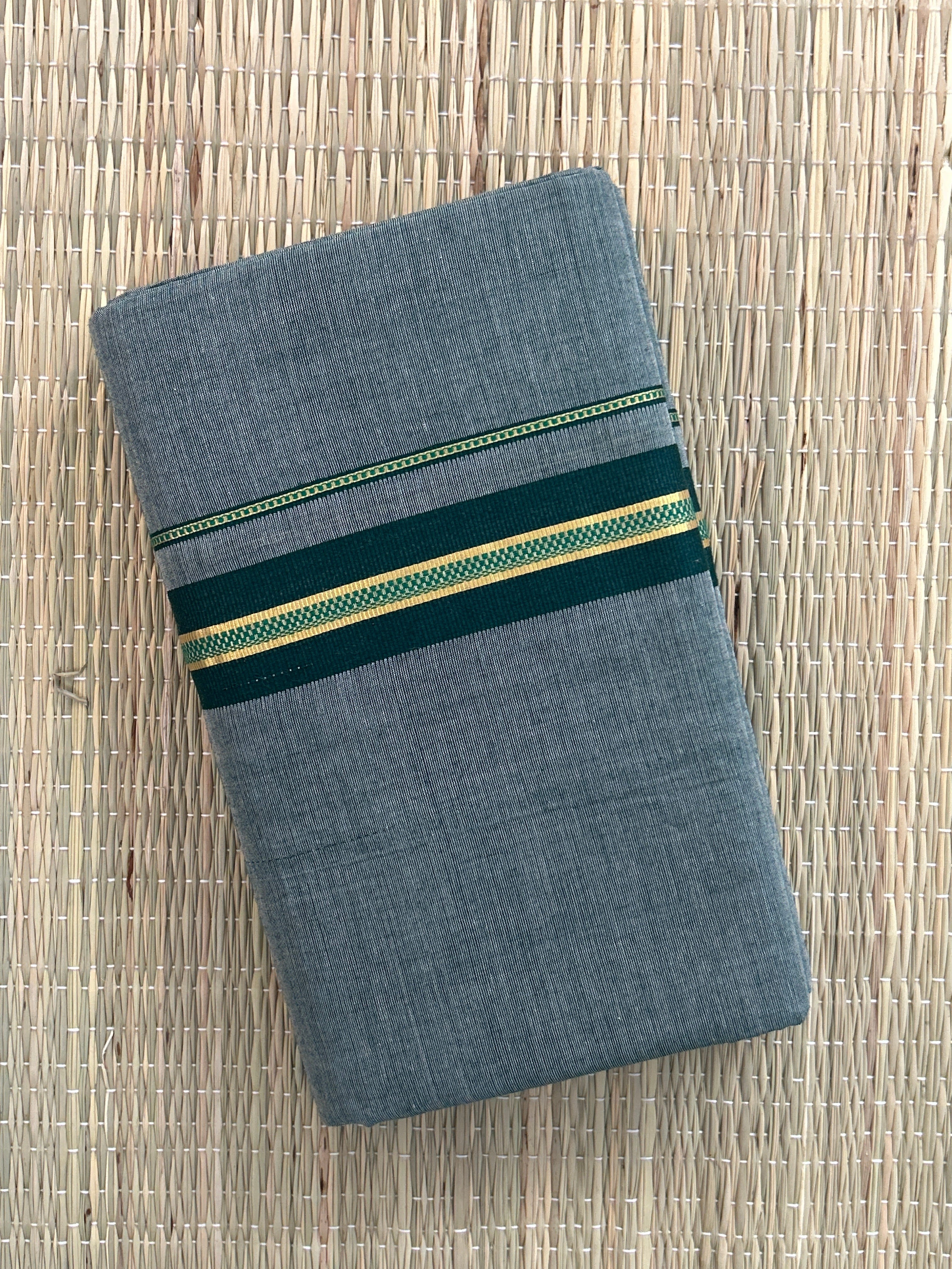 Grey Handloom Dhothi - Gold and Green Zari