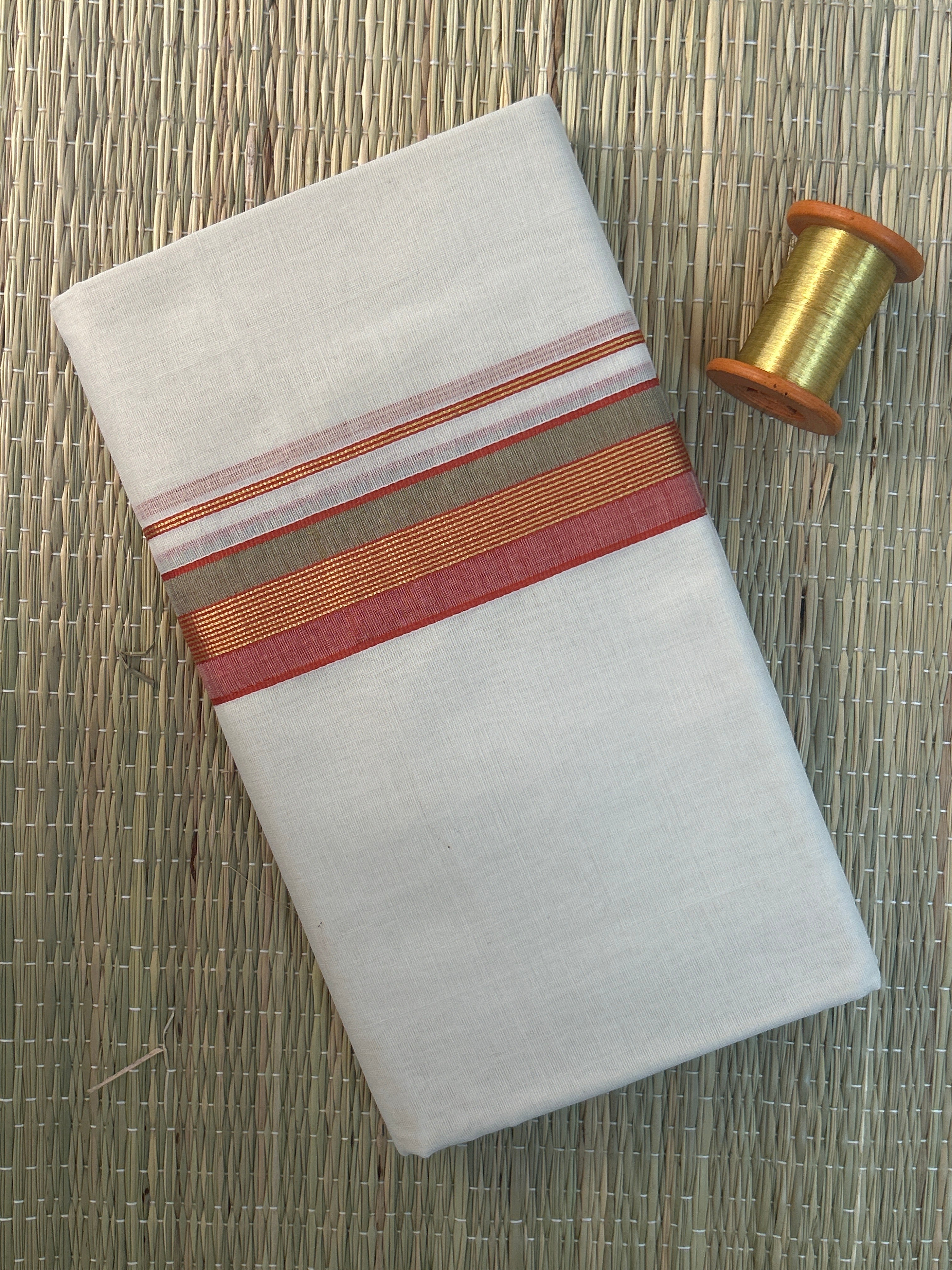 Copper, Grey and Maroon Zari-White Handloom Dhothi