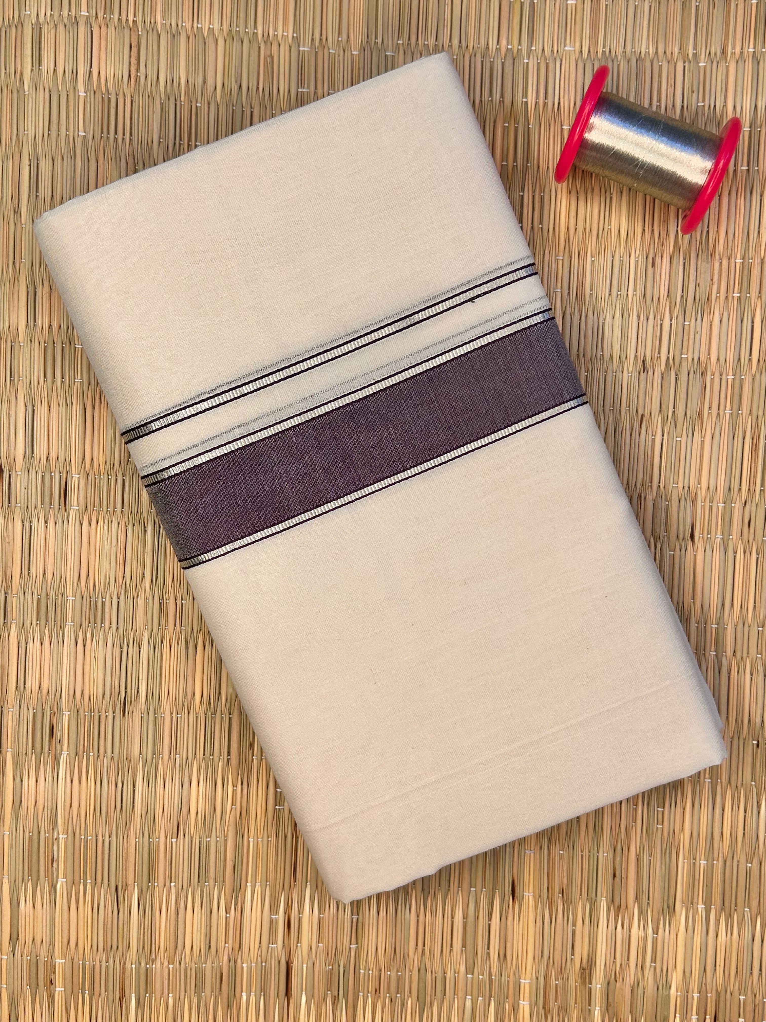 Silver and Plum Zari-Off White Handloom Dhothi