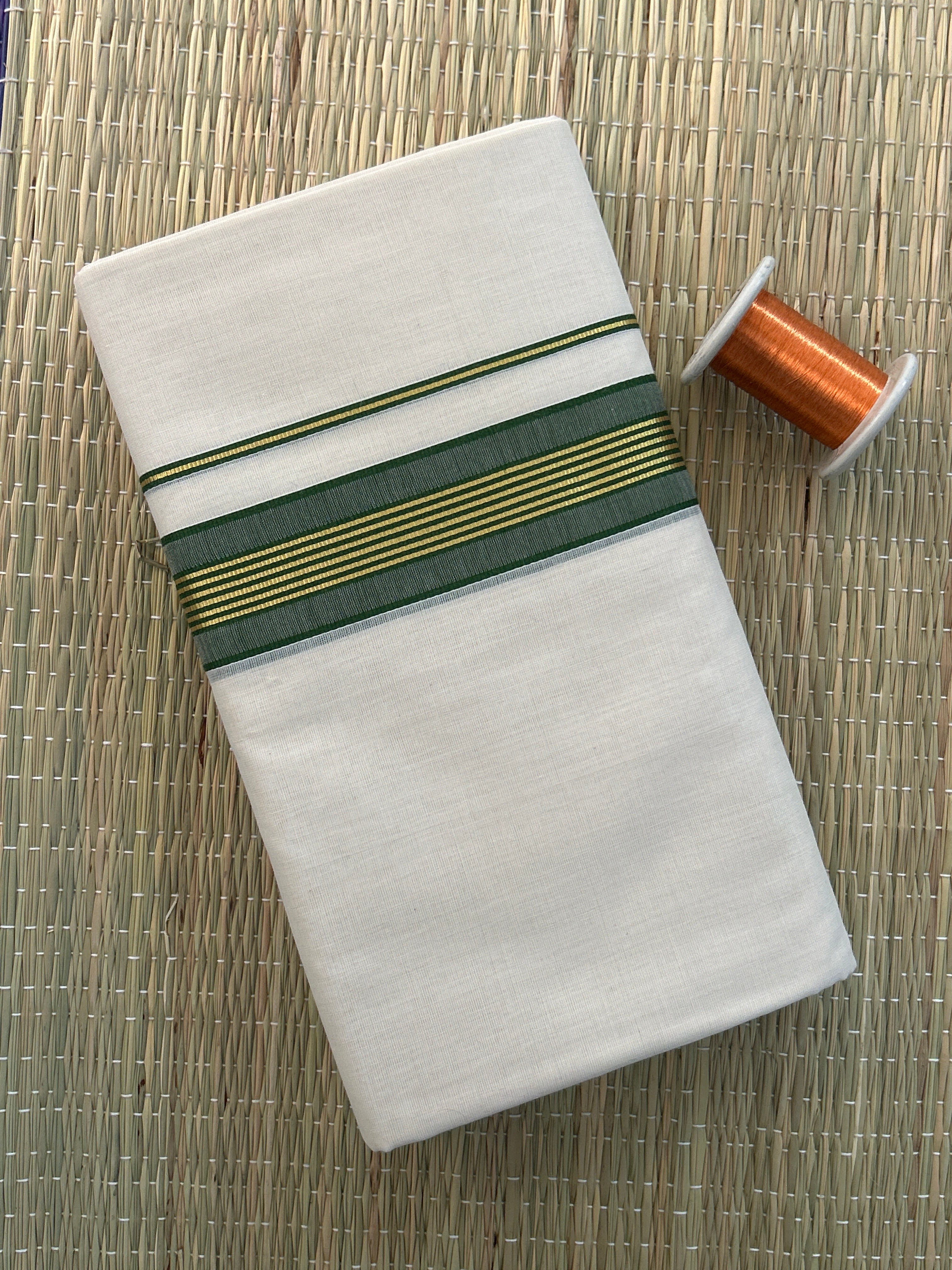Green and Gold Zari-White Handloom Dhothi