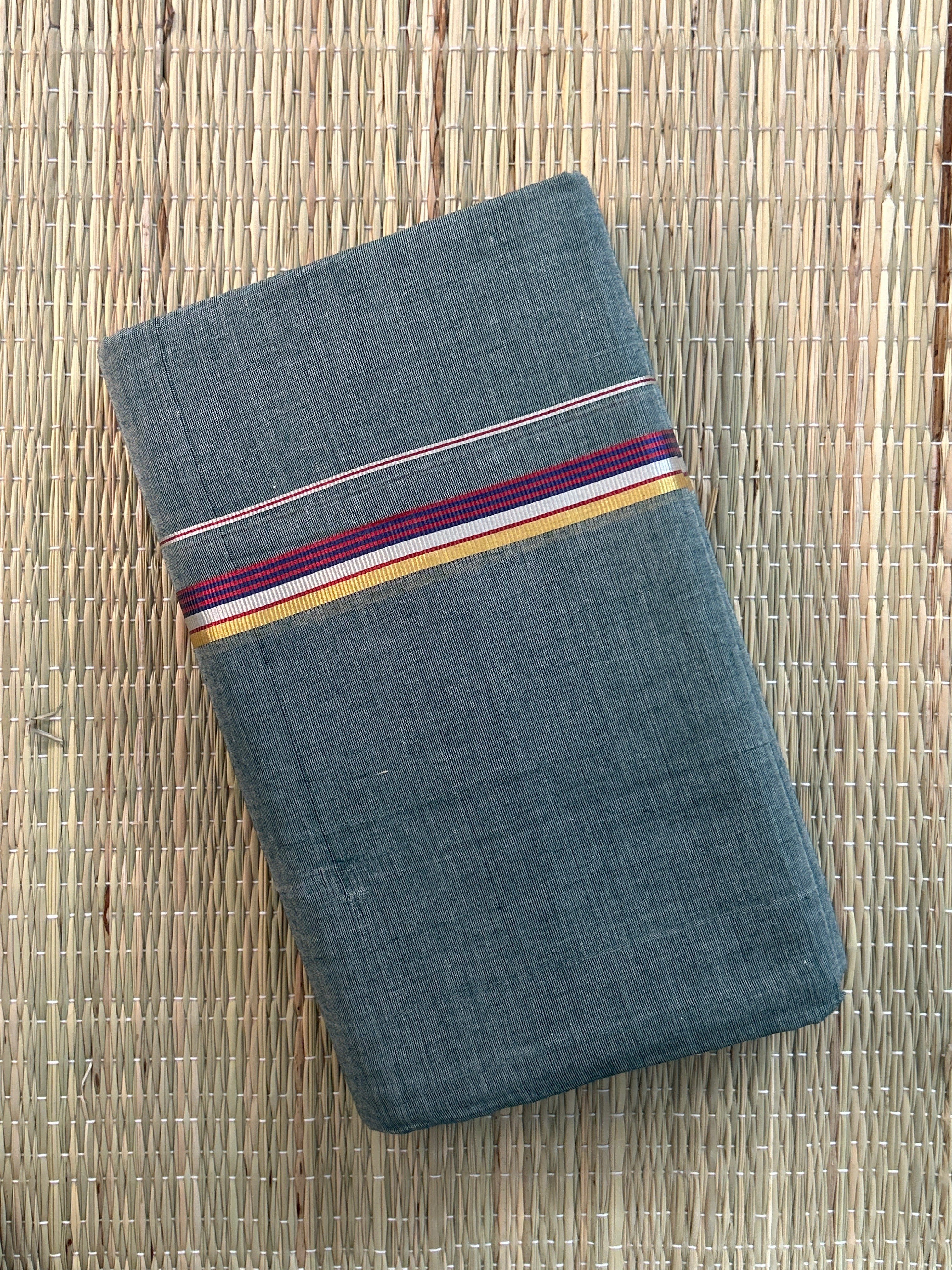 Grey Handloom Dhothi - Gold and Maroon Zari