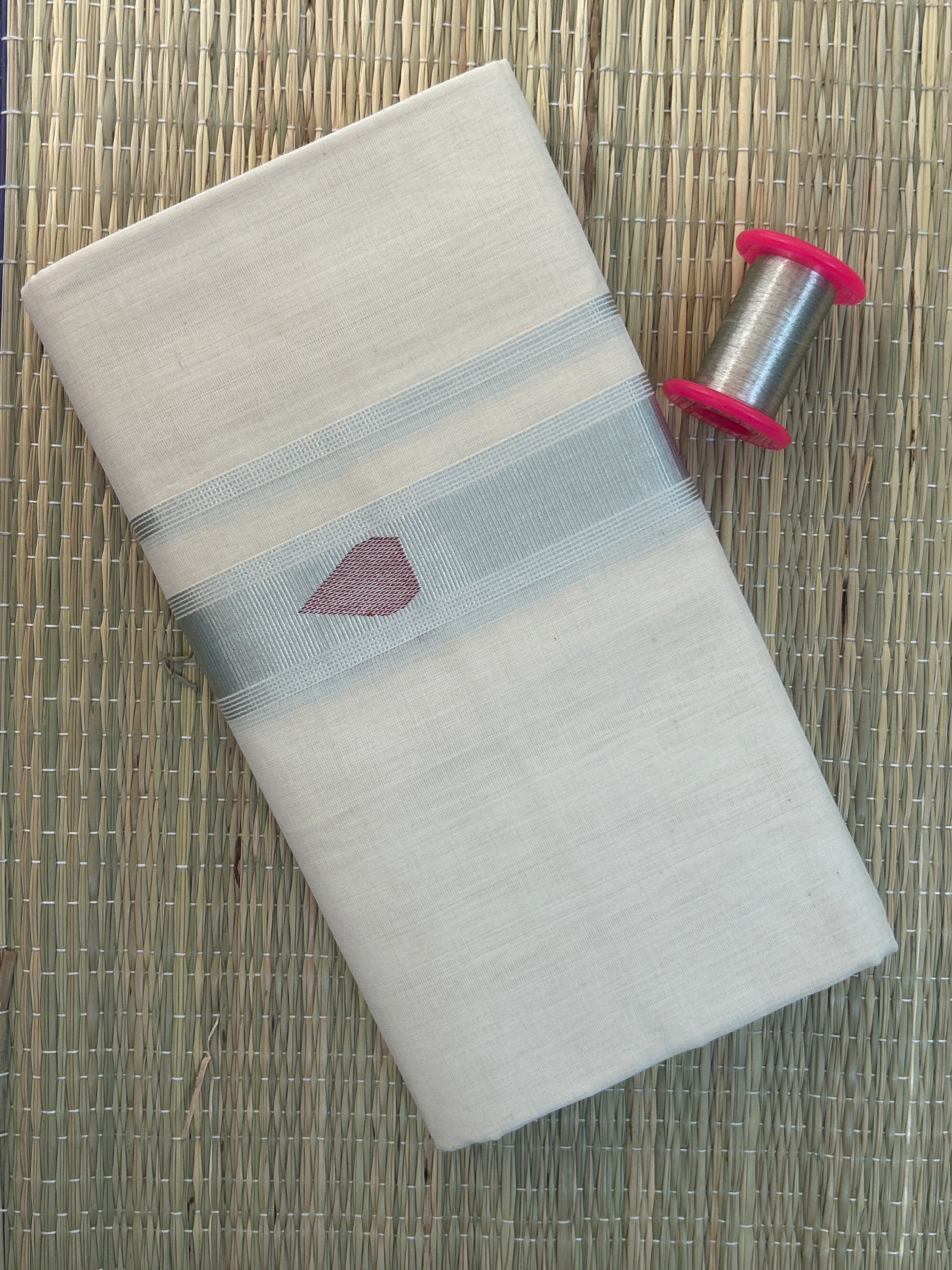 Silver and Maroon Zari-White Handloom Dhothi