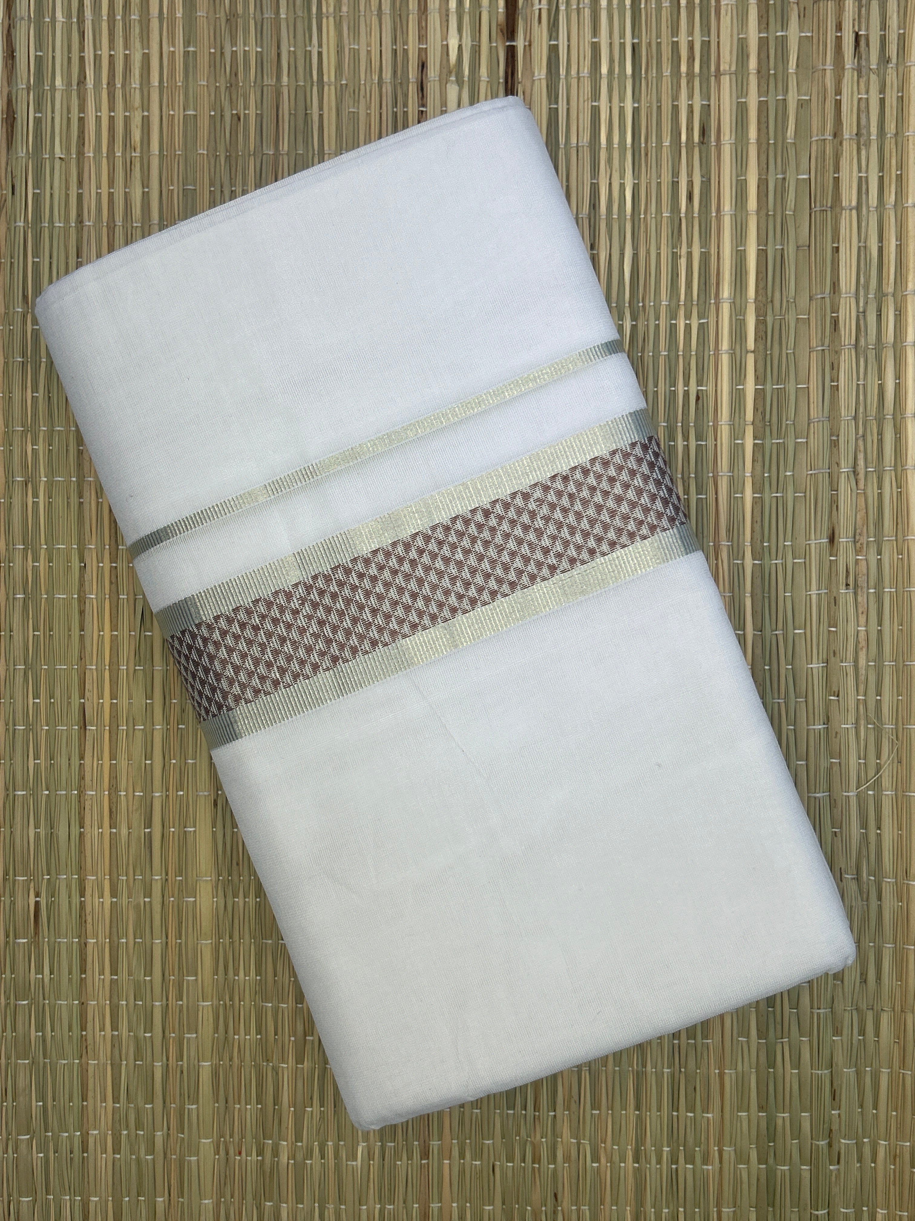 Maroon and Silver Zari - White Handloom Dhothi