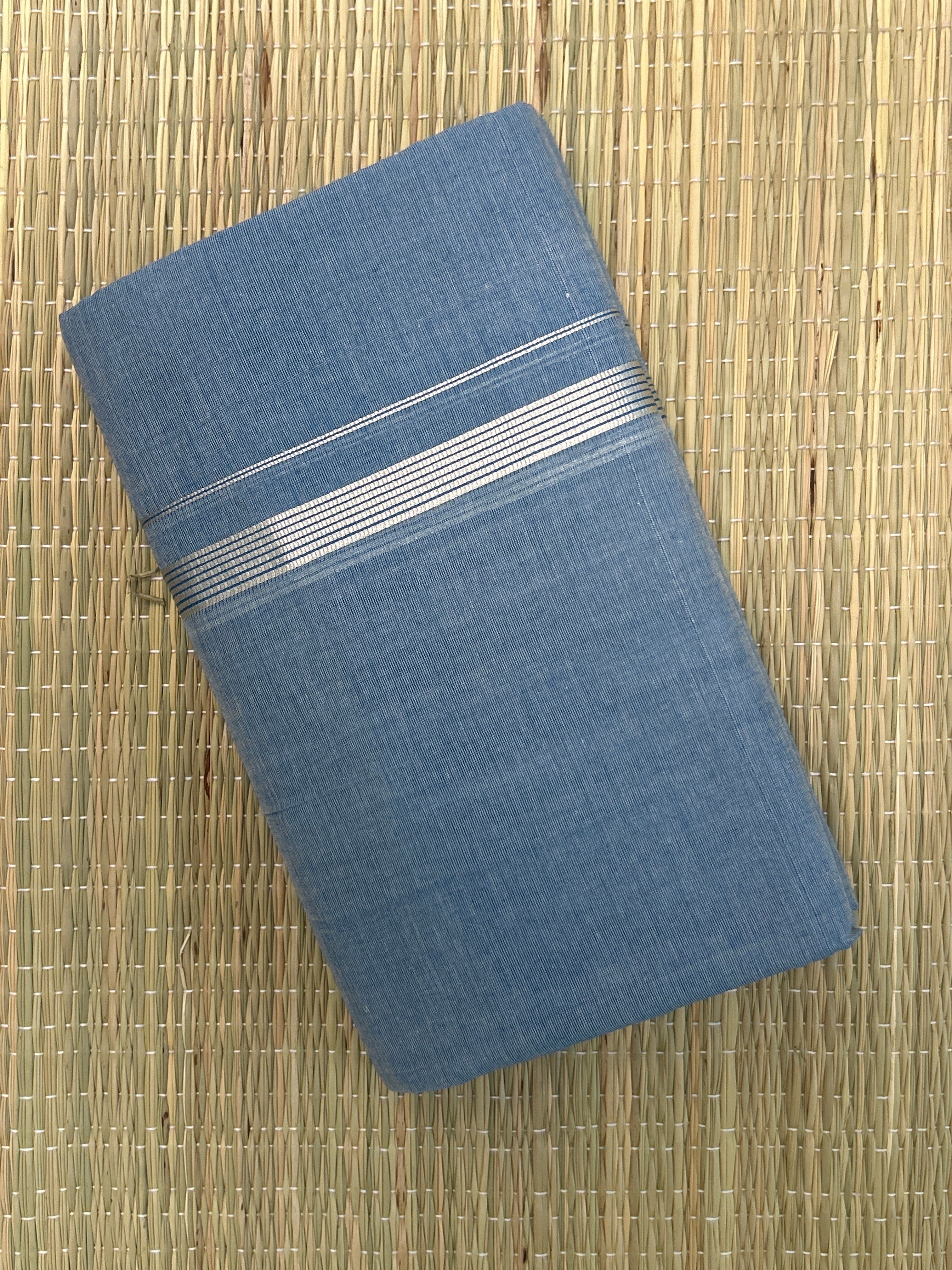 Blue Handloom Dhothi - Silver Zari