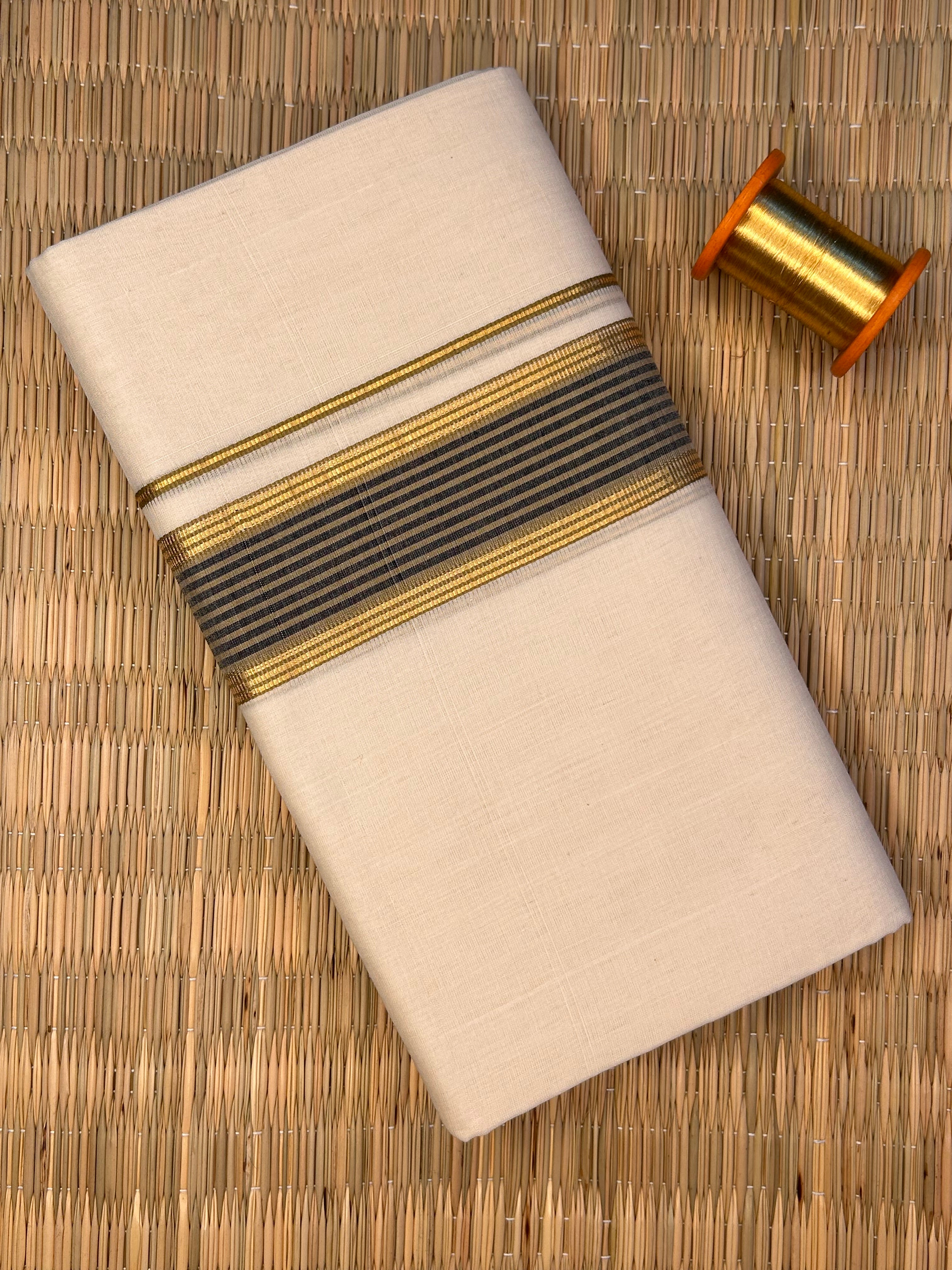 Gold and Charcoal Grey Zari-Off White Handloom Dhothi