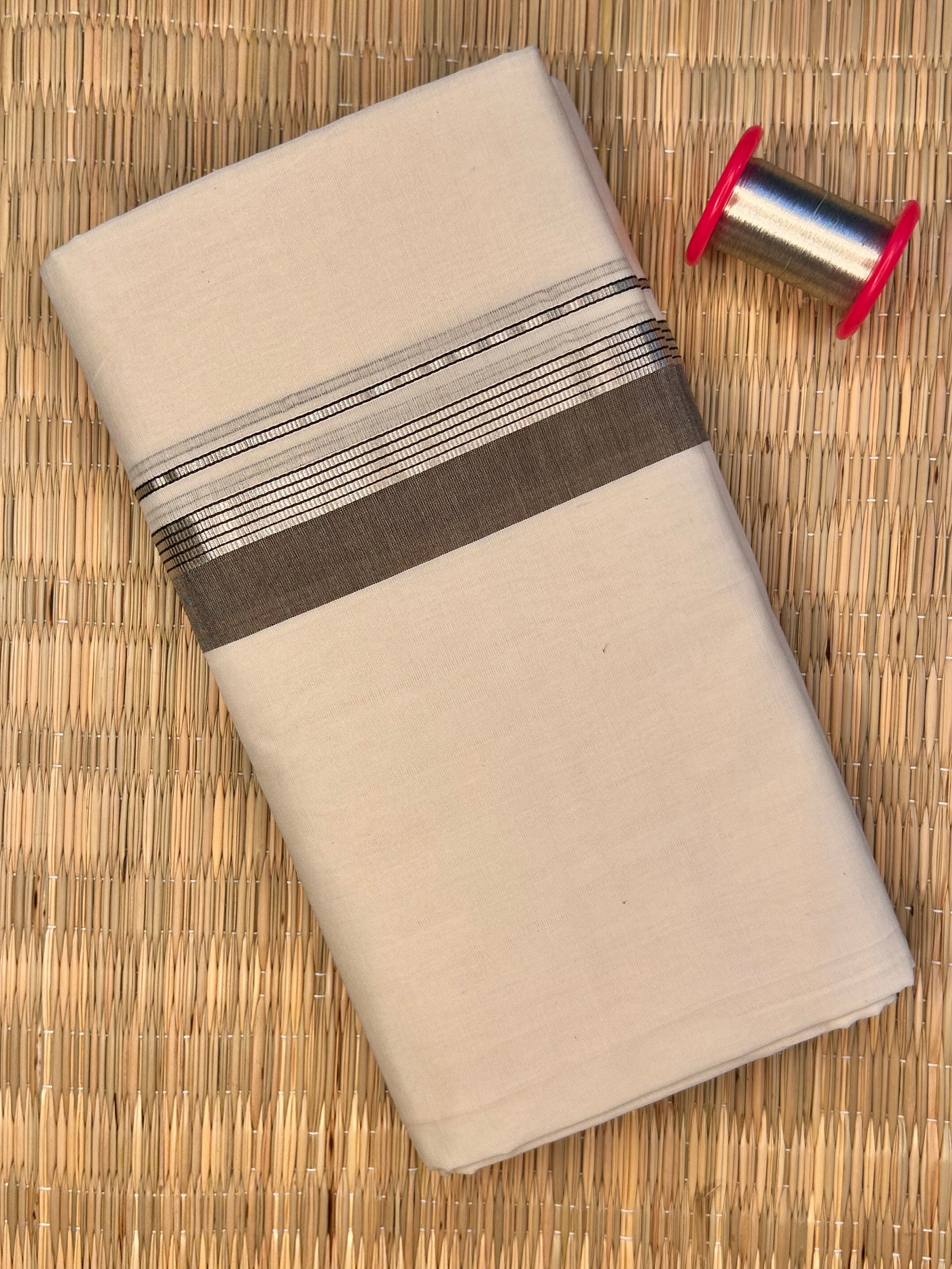Silver and Charcoal Grey Zari-Off White Handloom Dhothi