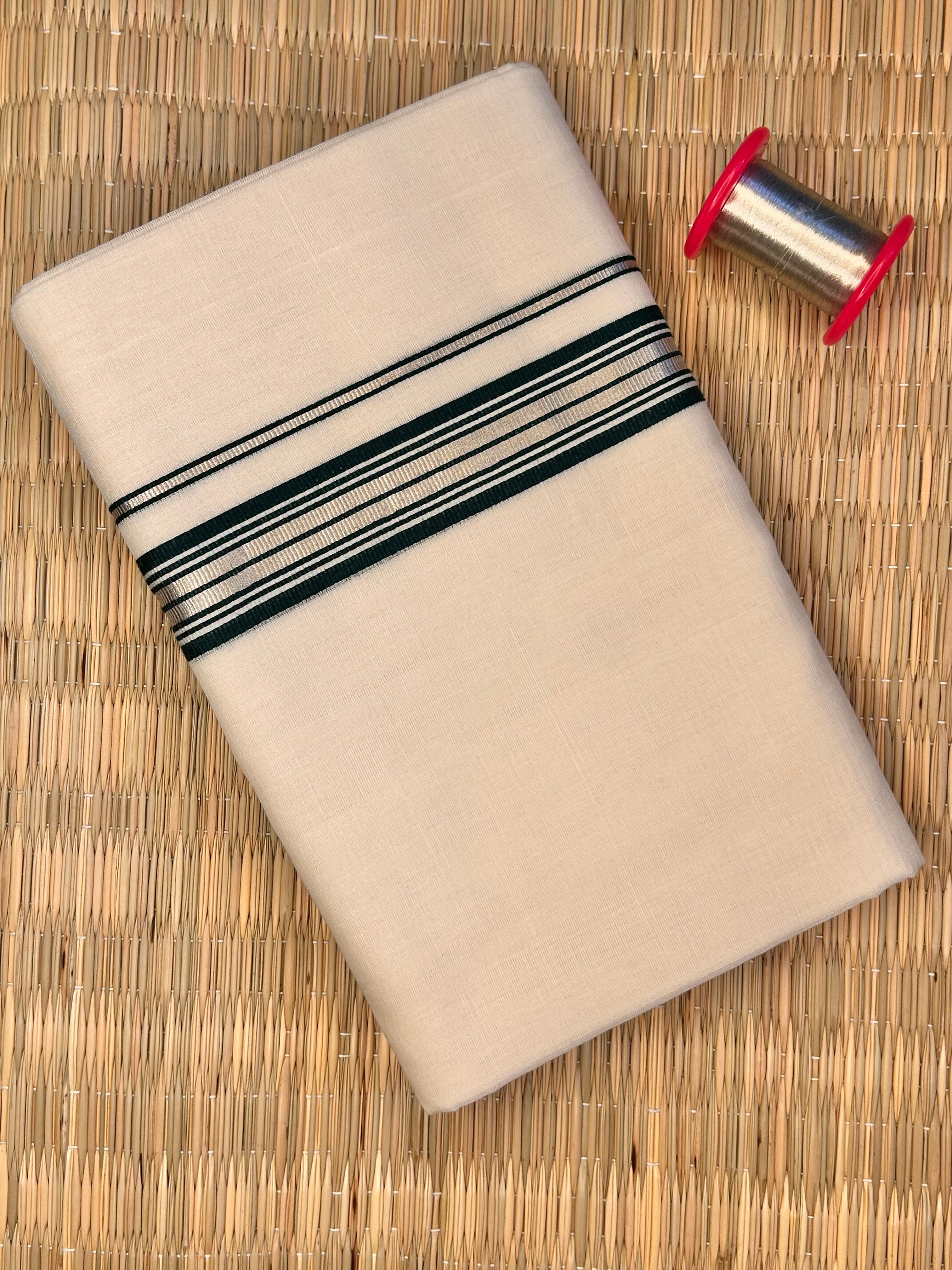 Dark Green Zari-Off White Handloom Dhothi