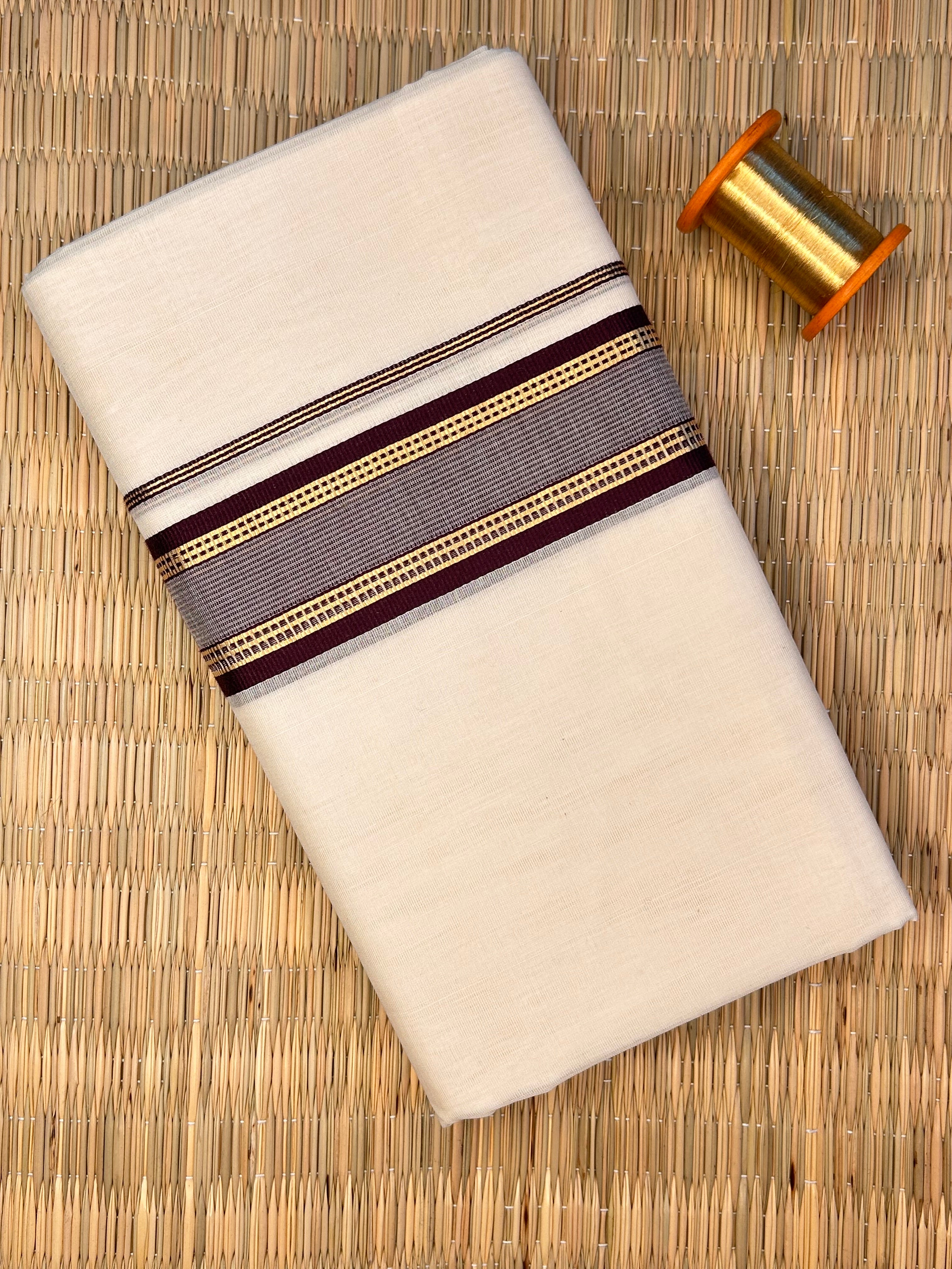 Gold, Maroon and Silver Zari-Off White Handloom Dhothi