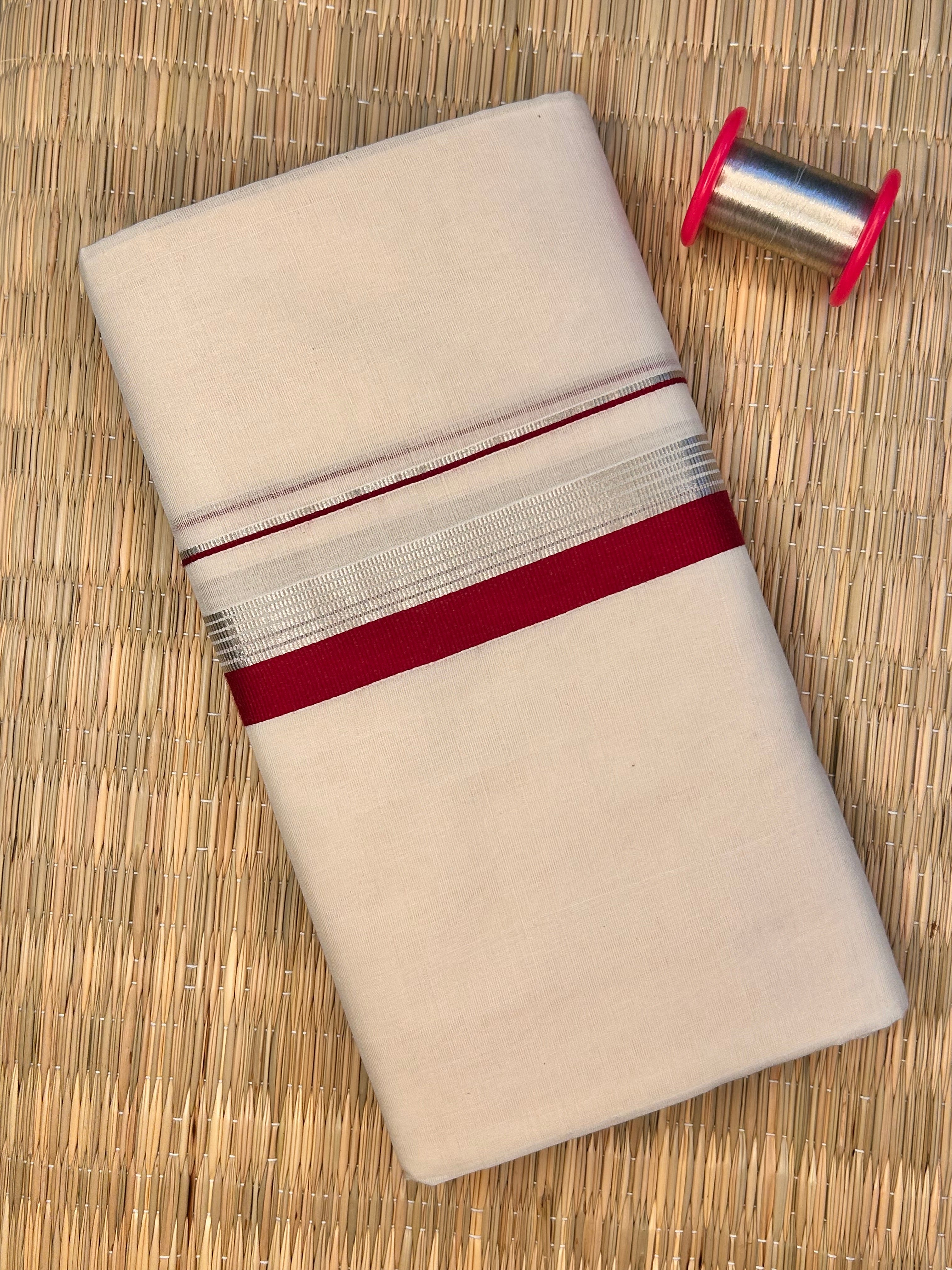 Silver and Red Zari-Off White Handloom Dhothi