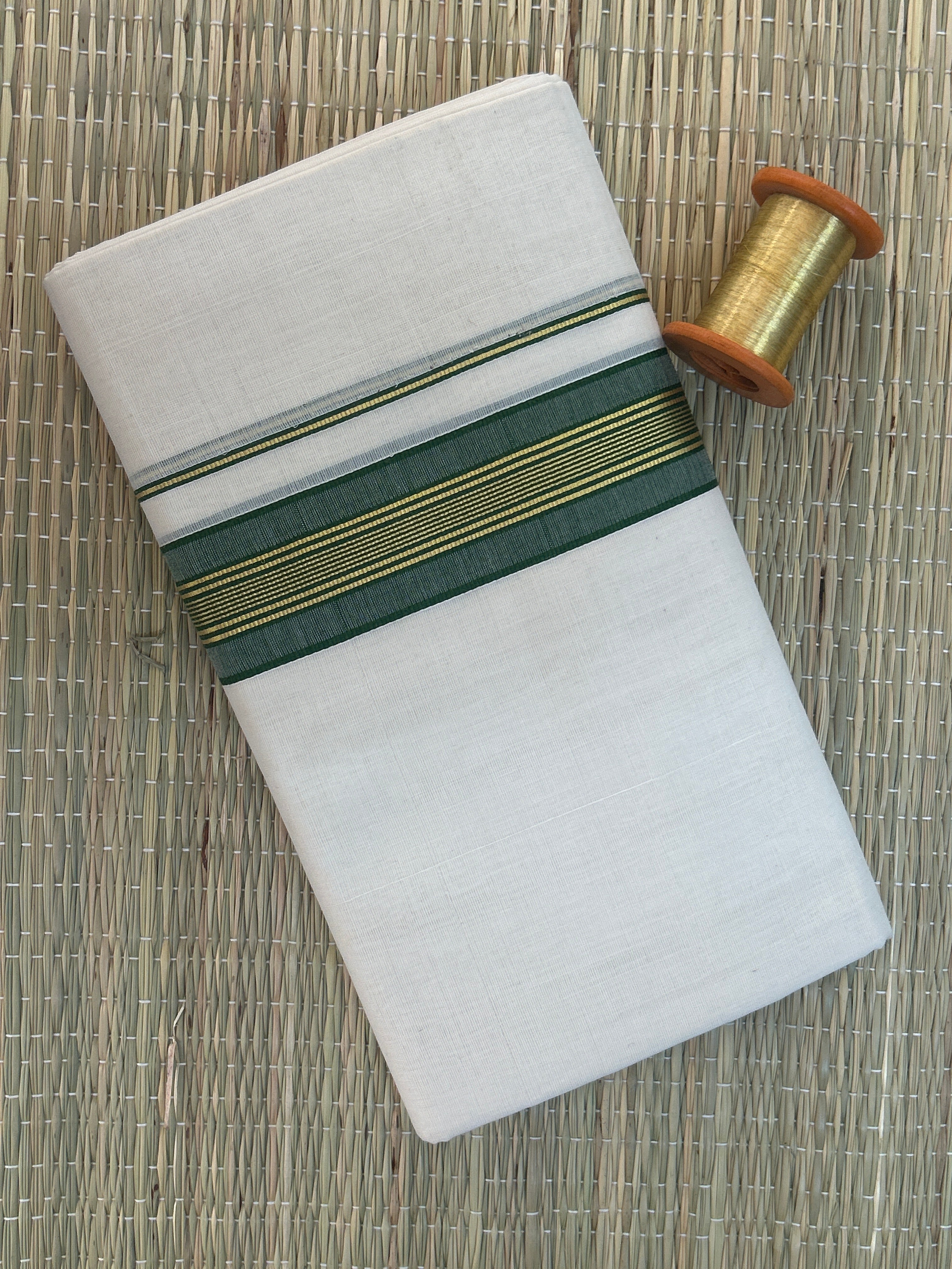 Green and Gold Zari-White Handloom Dhothi