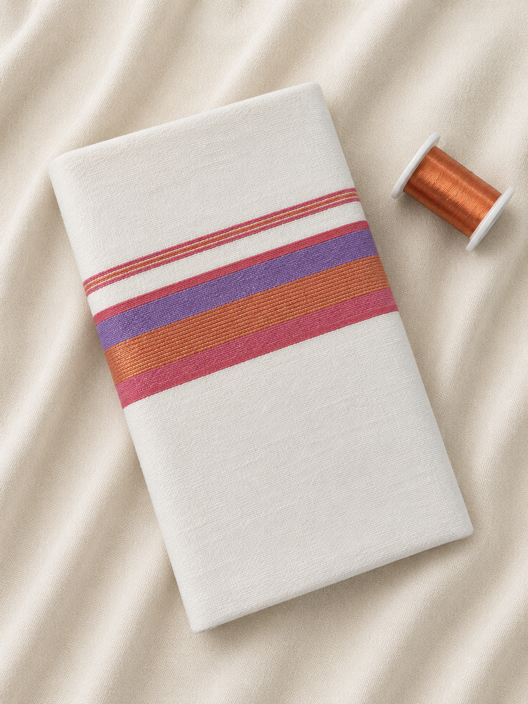 Copper, Lavender and Rose Zari-White Handloom Dhothi