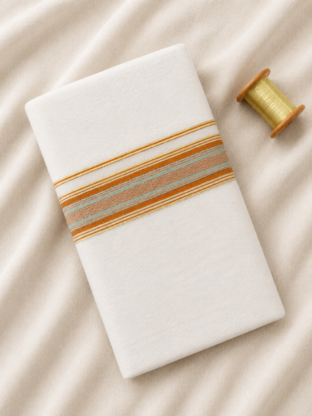 Gold, Copper and Silver Zari-White Handloom Dhothi