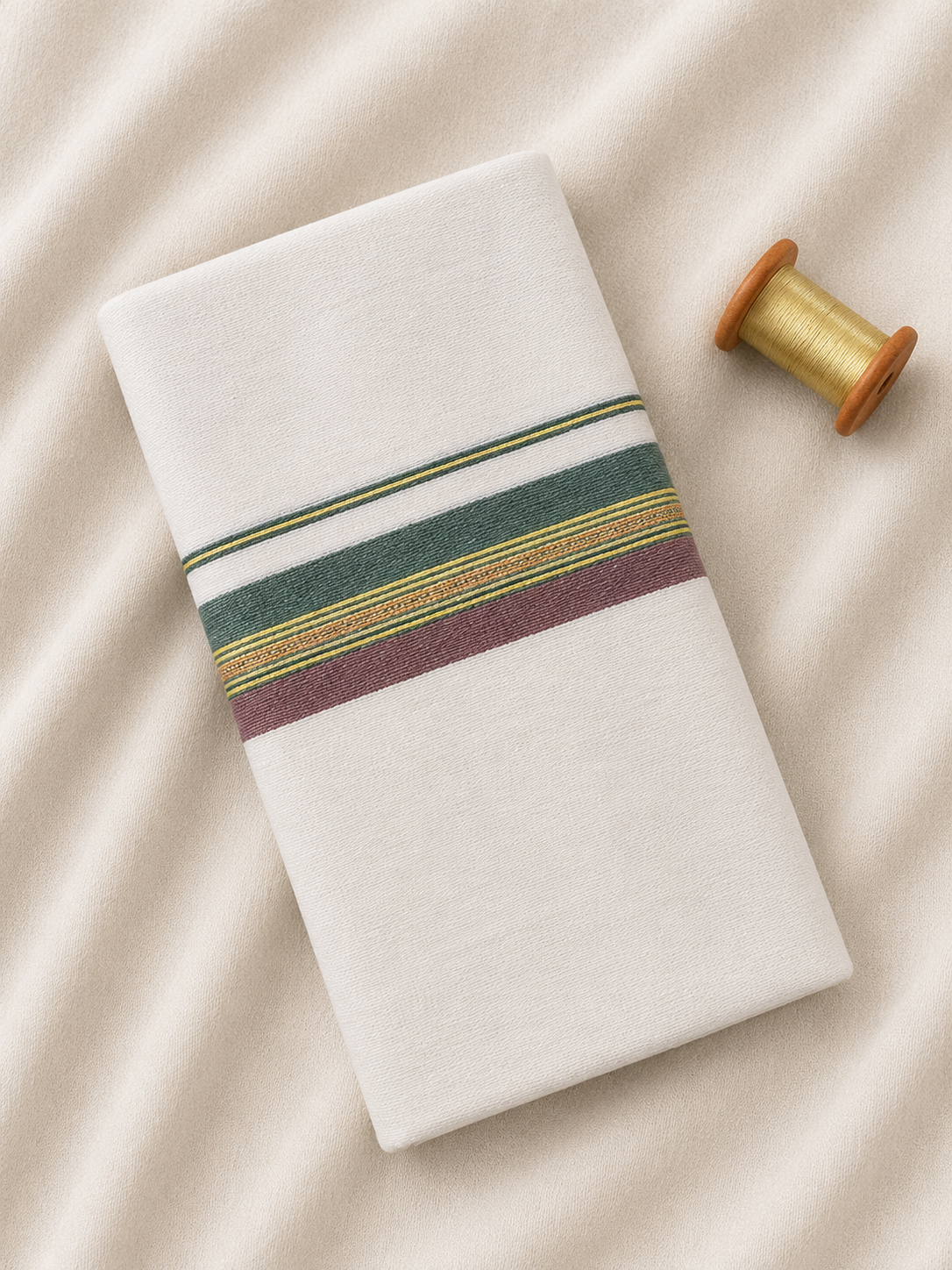 Green, Gold and Maroon Zari-White Handloom Dhothi