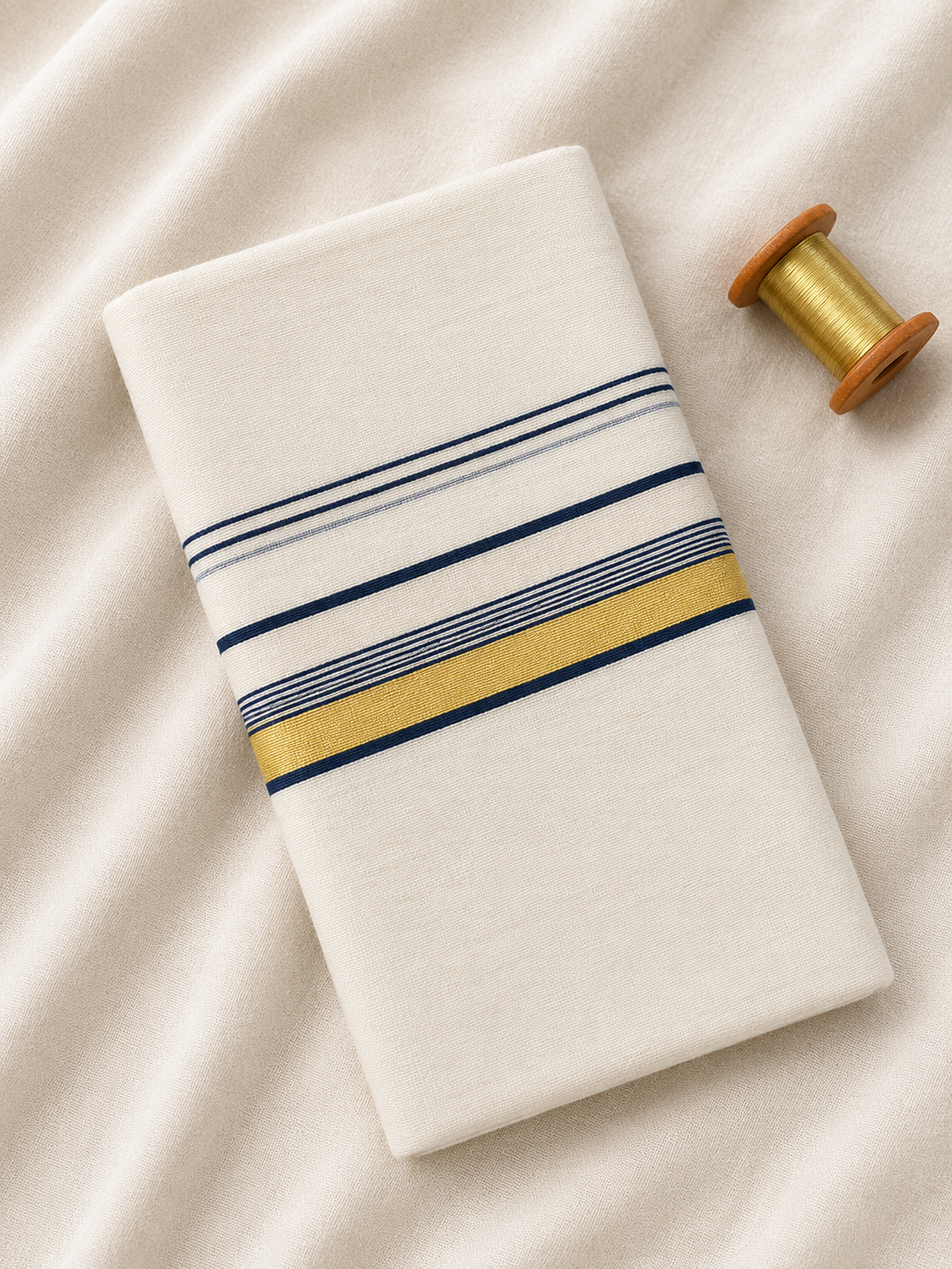 Gold and Navy Blue Zari-White Handloom Dhothi