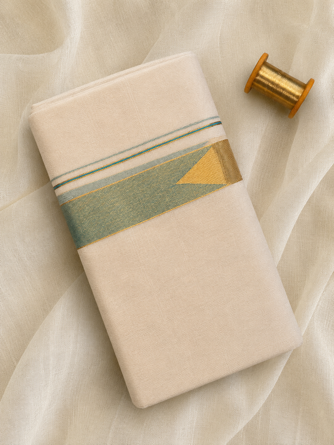 Gold and Mint Green Zari-Off White Handloom Dhothi