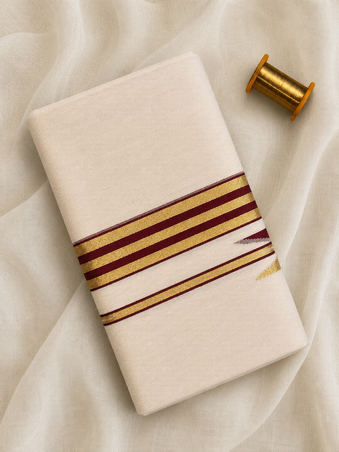 Gold and Maroon Zari-Off White Handloom Dhothi
