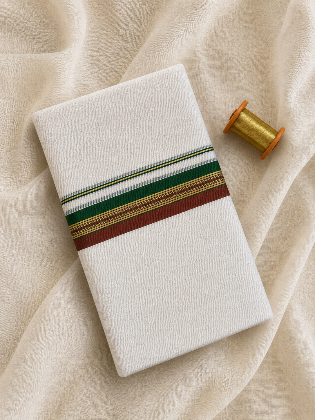 Green and Maroon Zari-White Handloom Dhothi