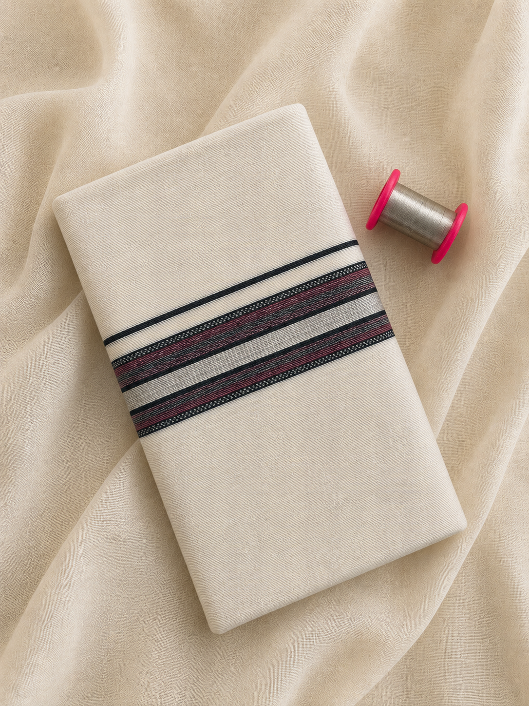 Cream Dhothi - Black and Maroon Zari Border