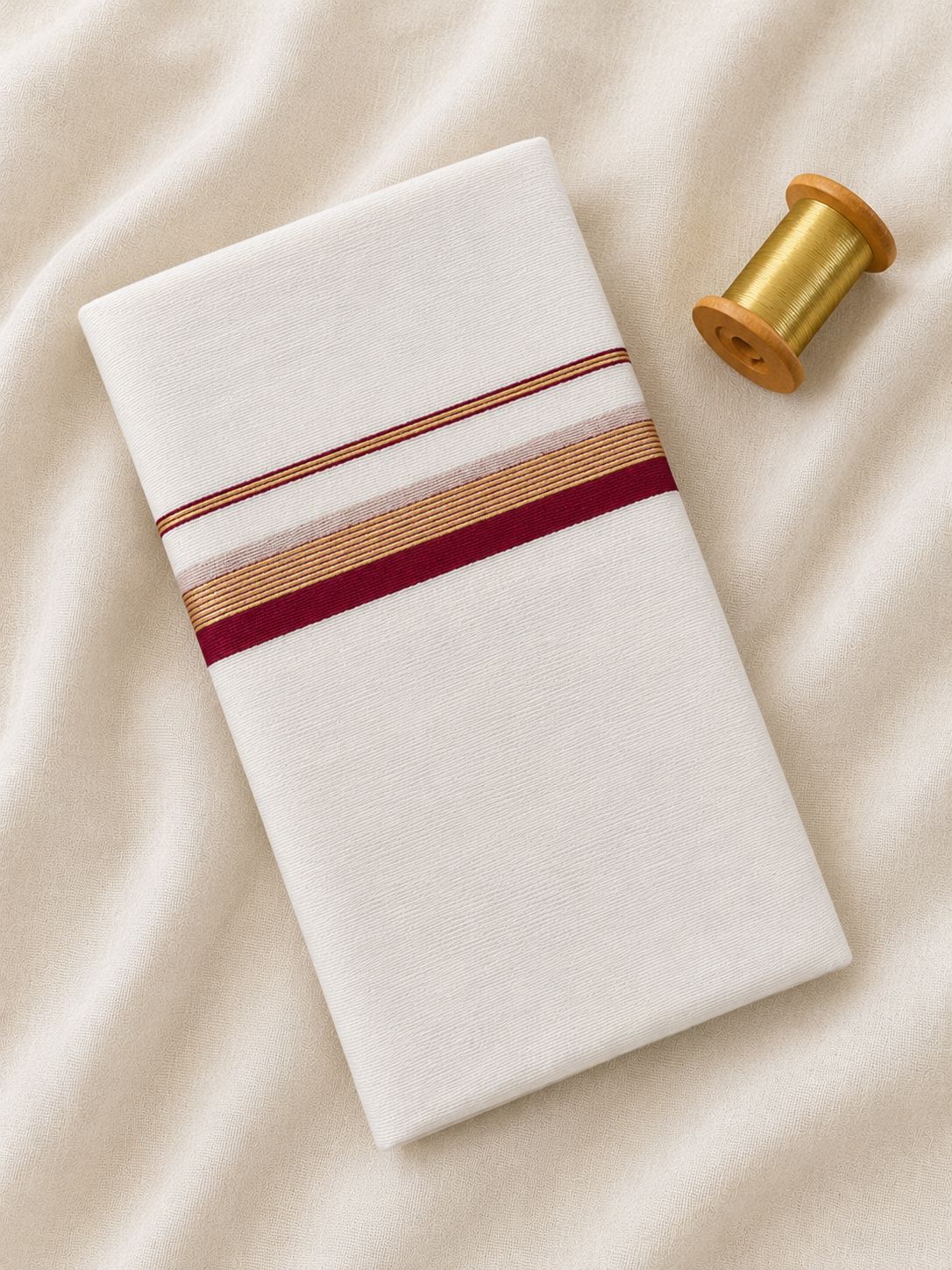 Gold and Maroon Zari-White Handloom Dhothi