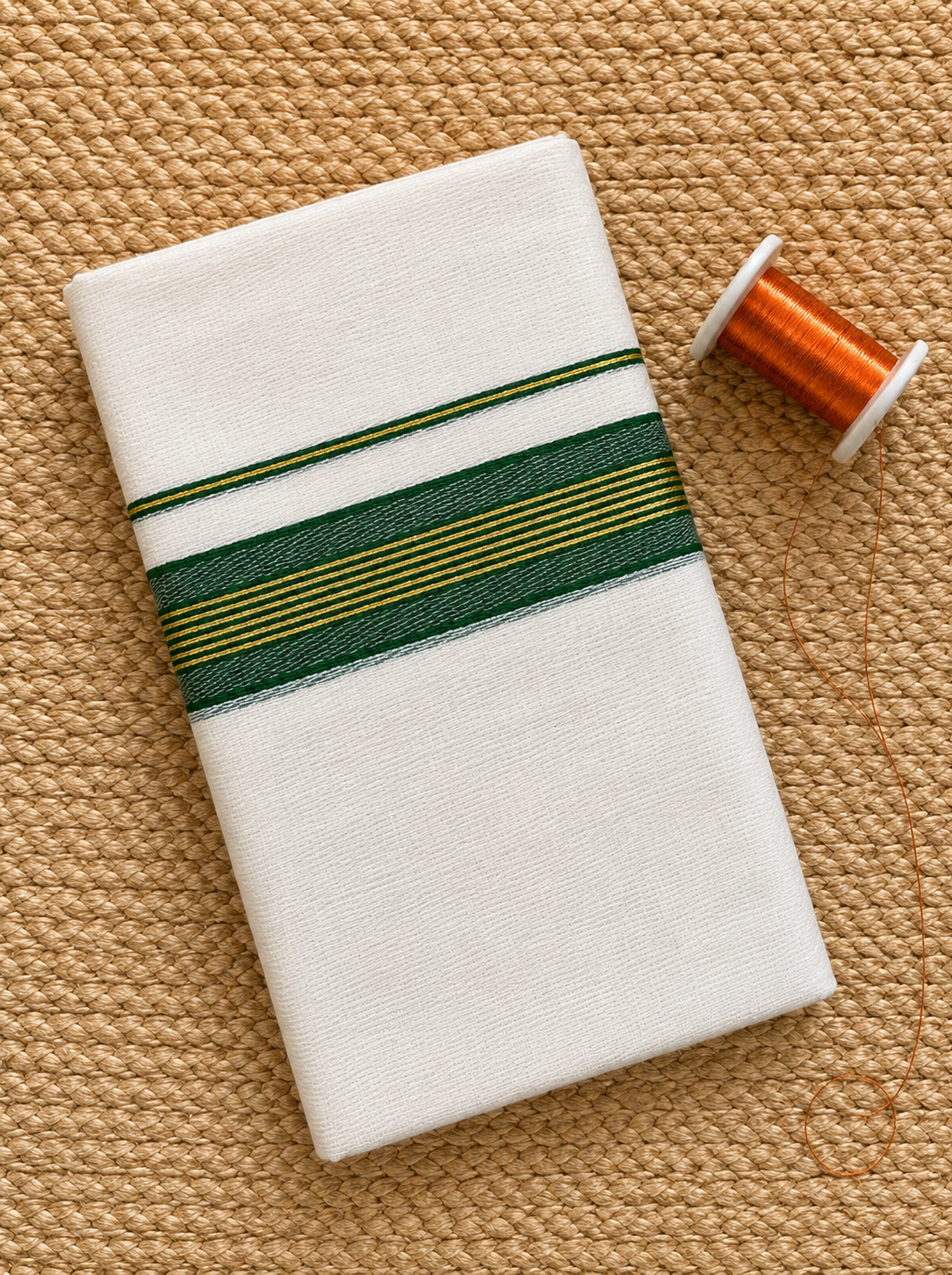 Green and Gold Zari-White Handloom Dhothi