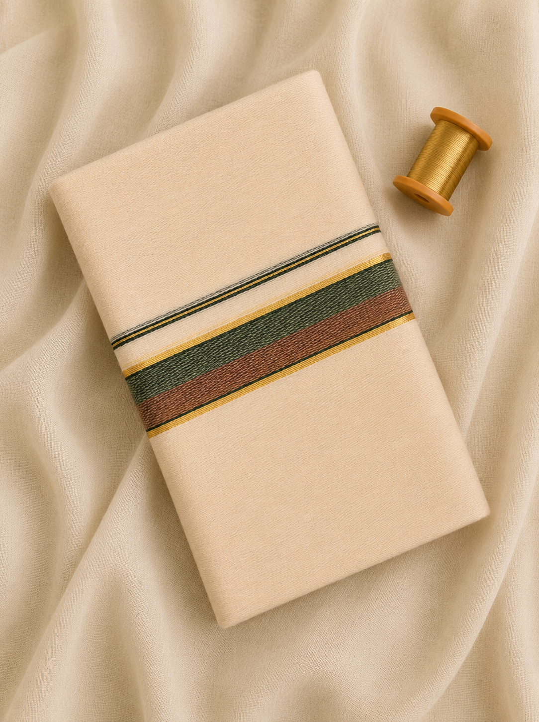 Green, Gold and Maroon Zari-Off White Handloom Dhothi