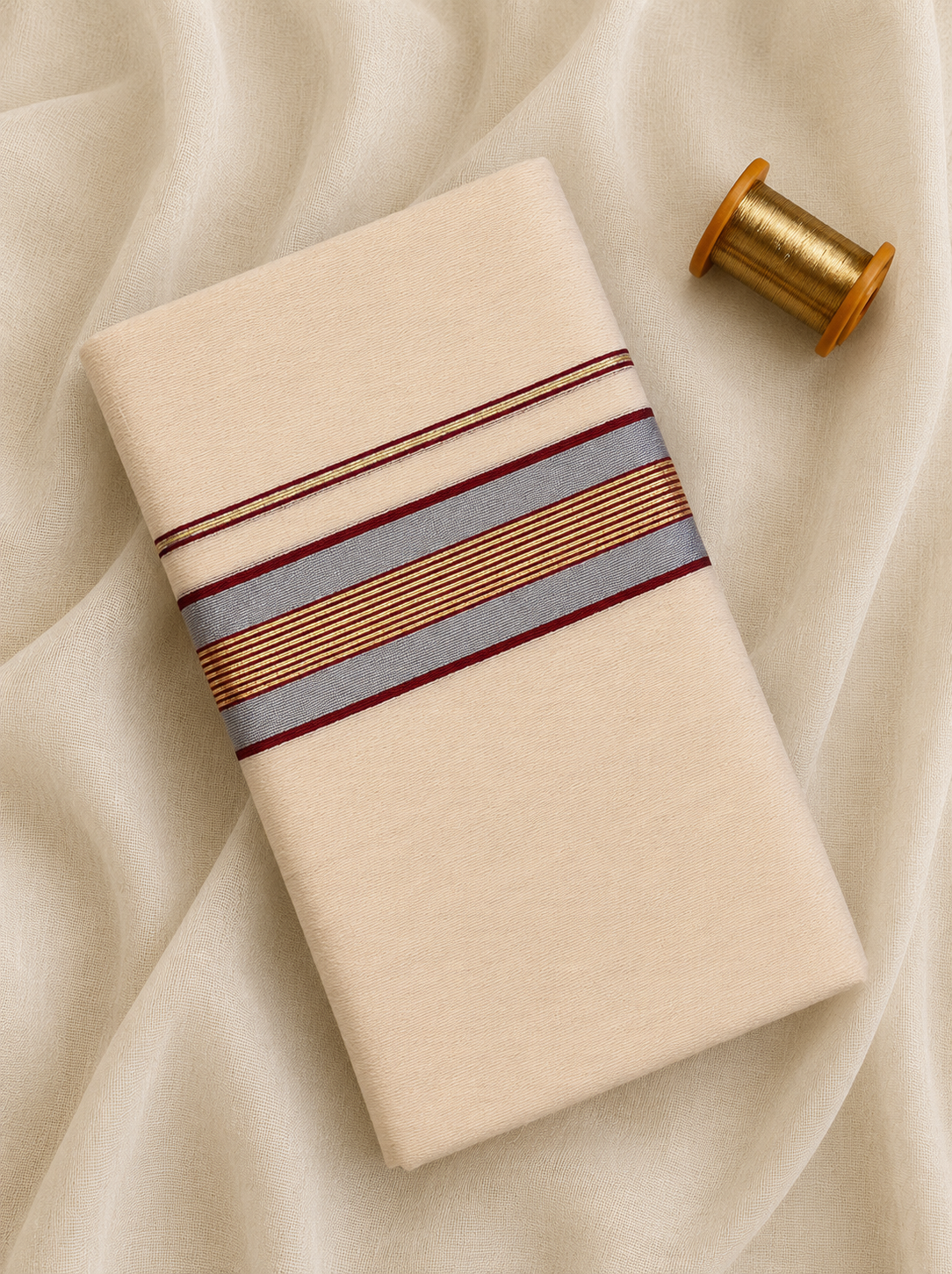 Gold, Silver and Maroon Zari-Off White Handloom Dhothi