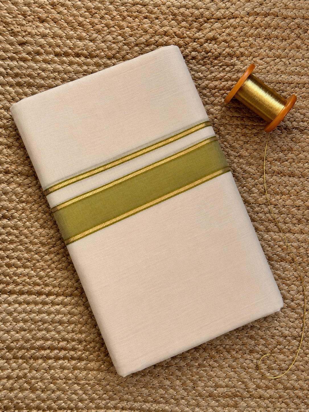 Gold and Olive Green Zari-Off White Handloom Dhothi