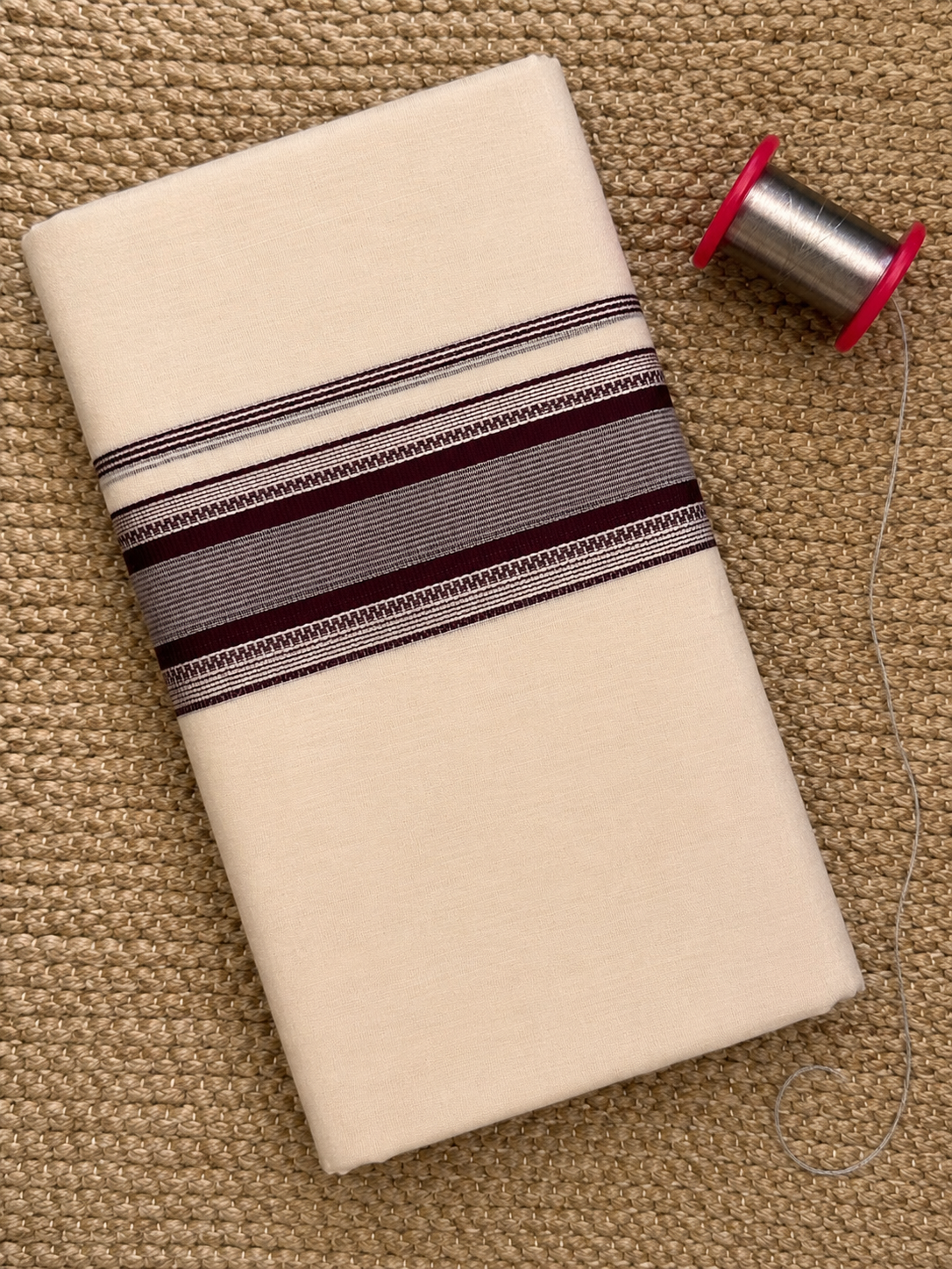 Silver and Maroon Zari-Off White Handloom Dhothi