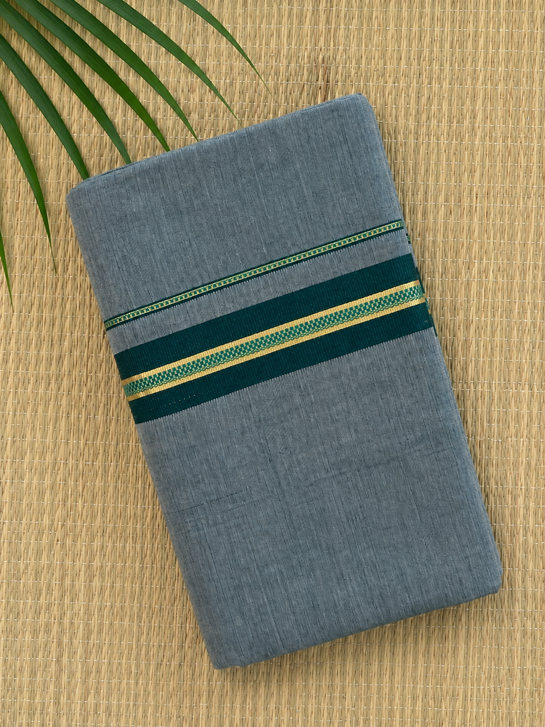 Grey Handloom Dhothi - Gold and Green Zari