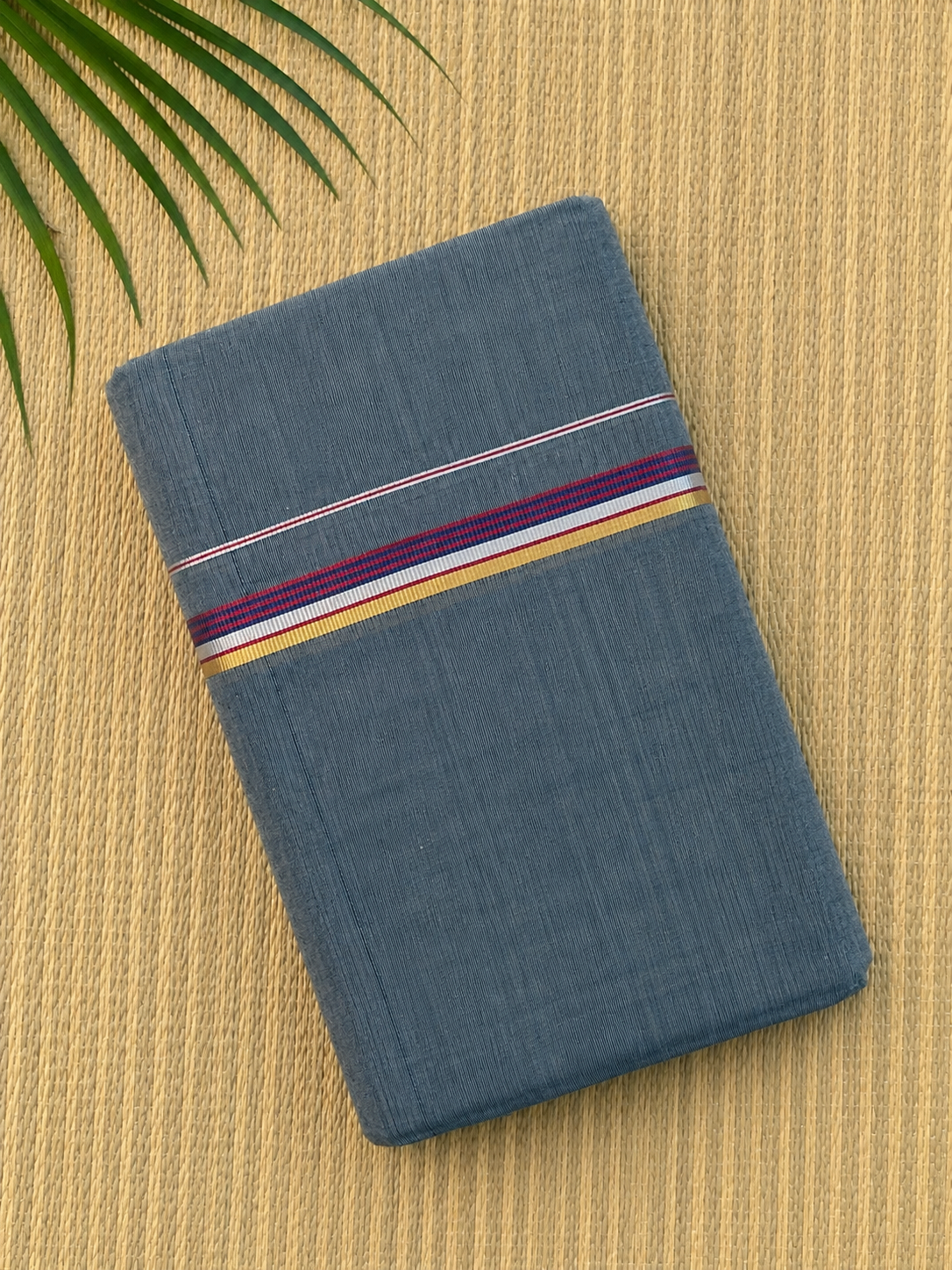 Grey Handloom Dhothi - Gold and Maroon Zari