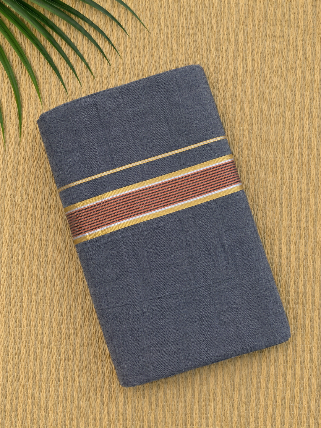 Grey Handloom Dhothi - Gold and Maroon Zari
