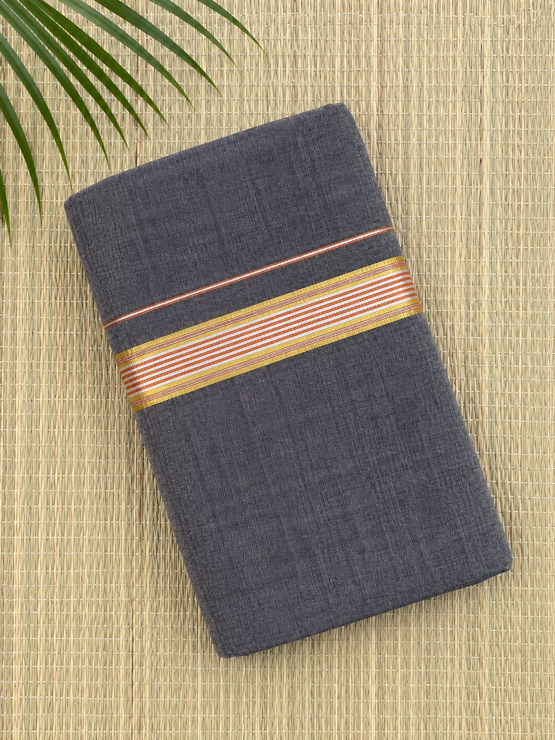 Grey Handloom Dhothi - Gold and Orange Zari