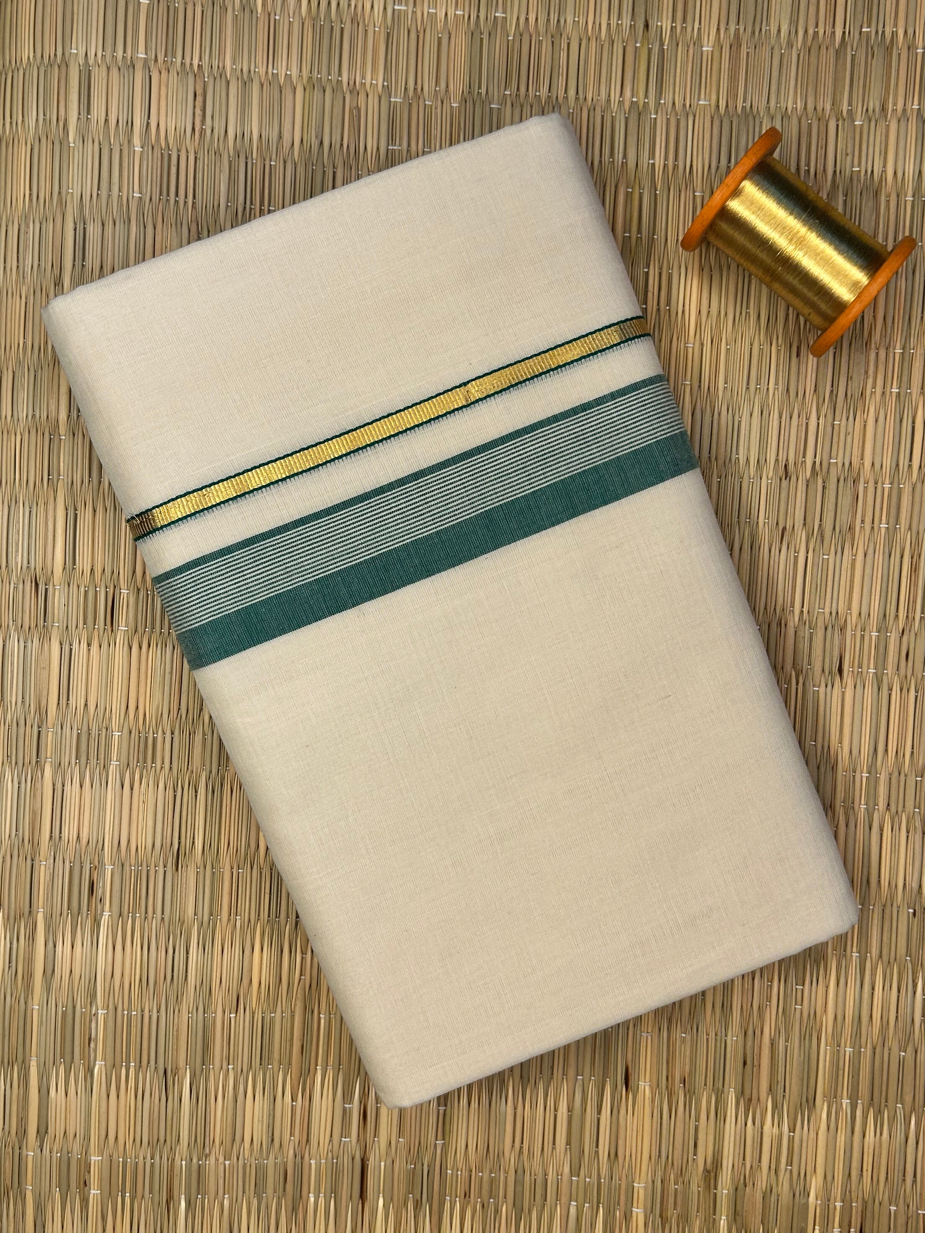 Gold and Teal Green Zari-Off White Handloom Dhothi