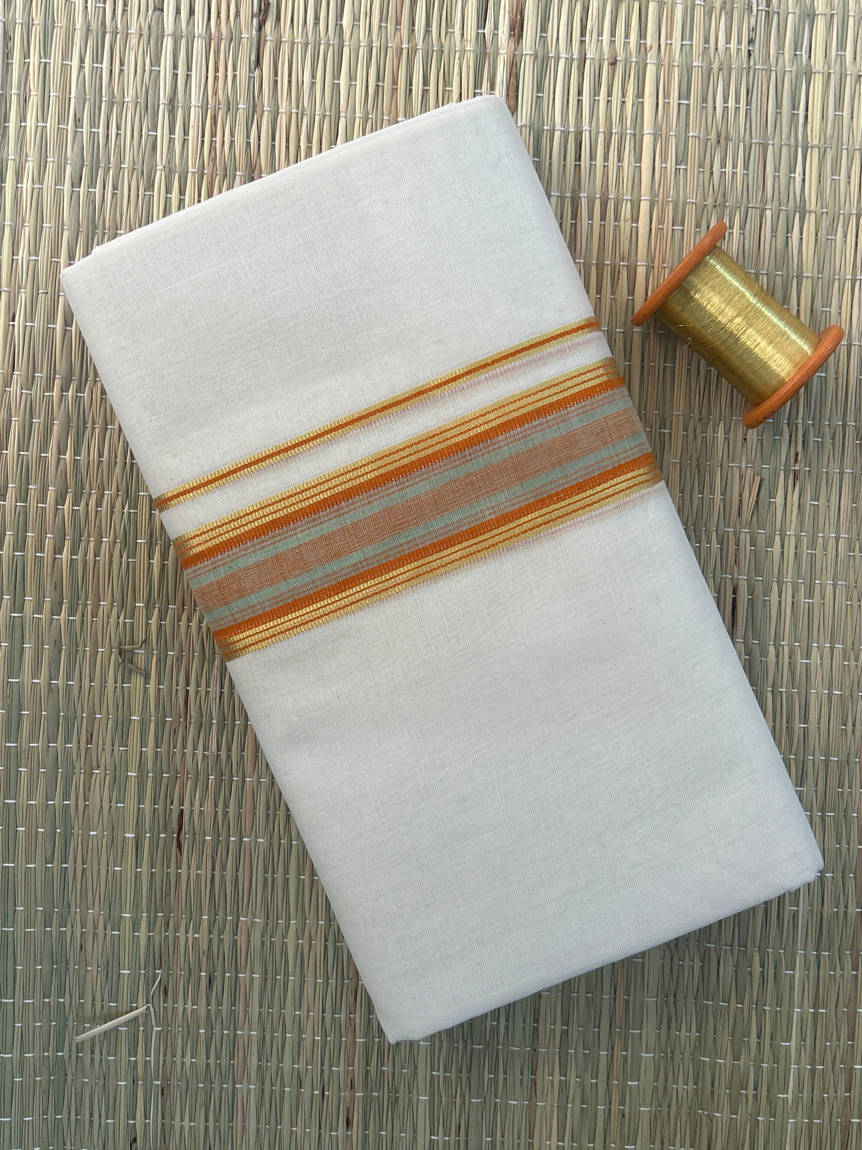 Gold, Copper and Silver Zari-White Handloom Dhothi