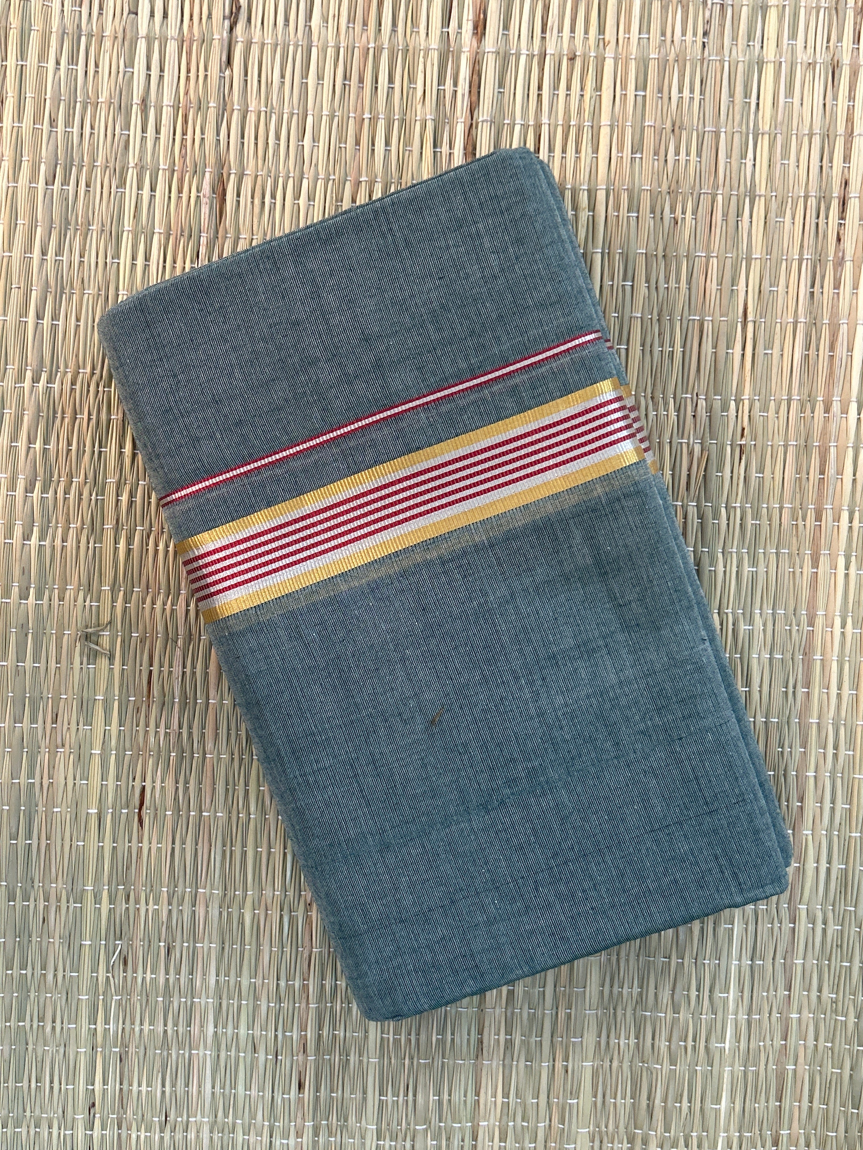 Grey Handloom Dhothi - Gold and Red Zari
