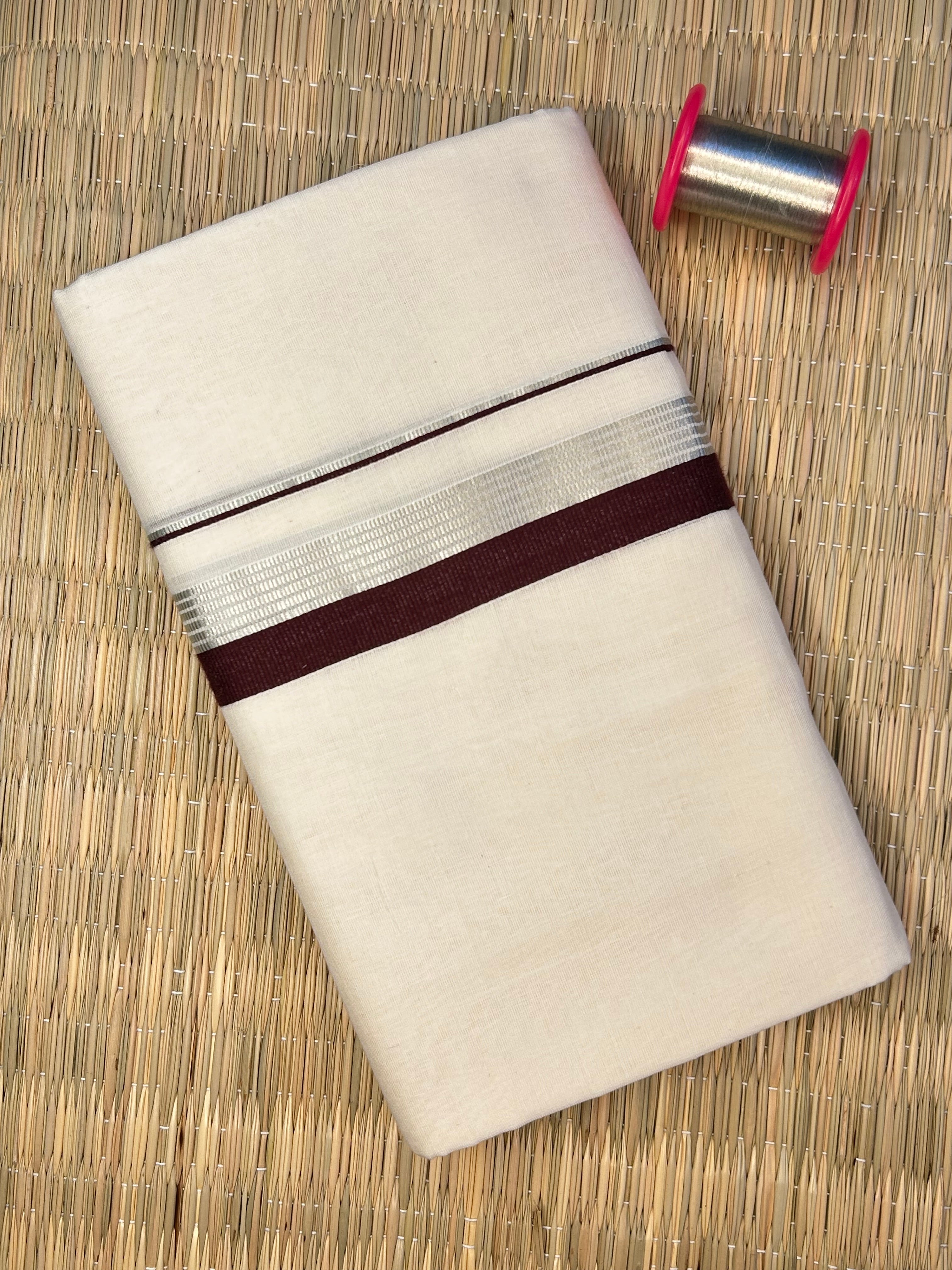 Silver and Maroon Zari-White Handloom Dhothi