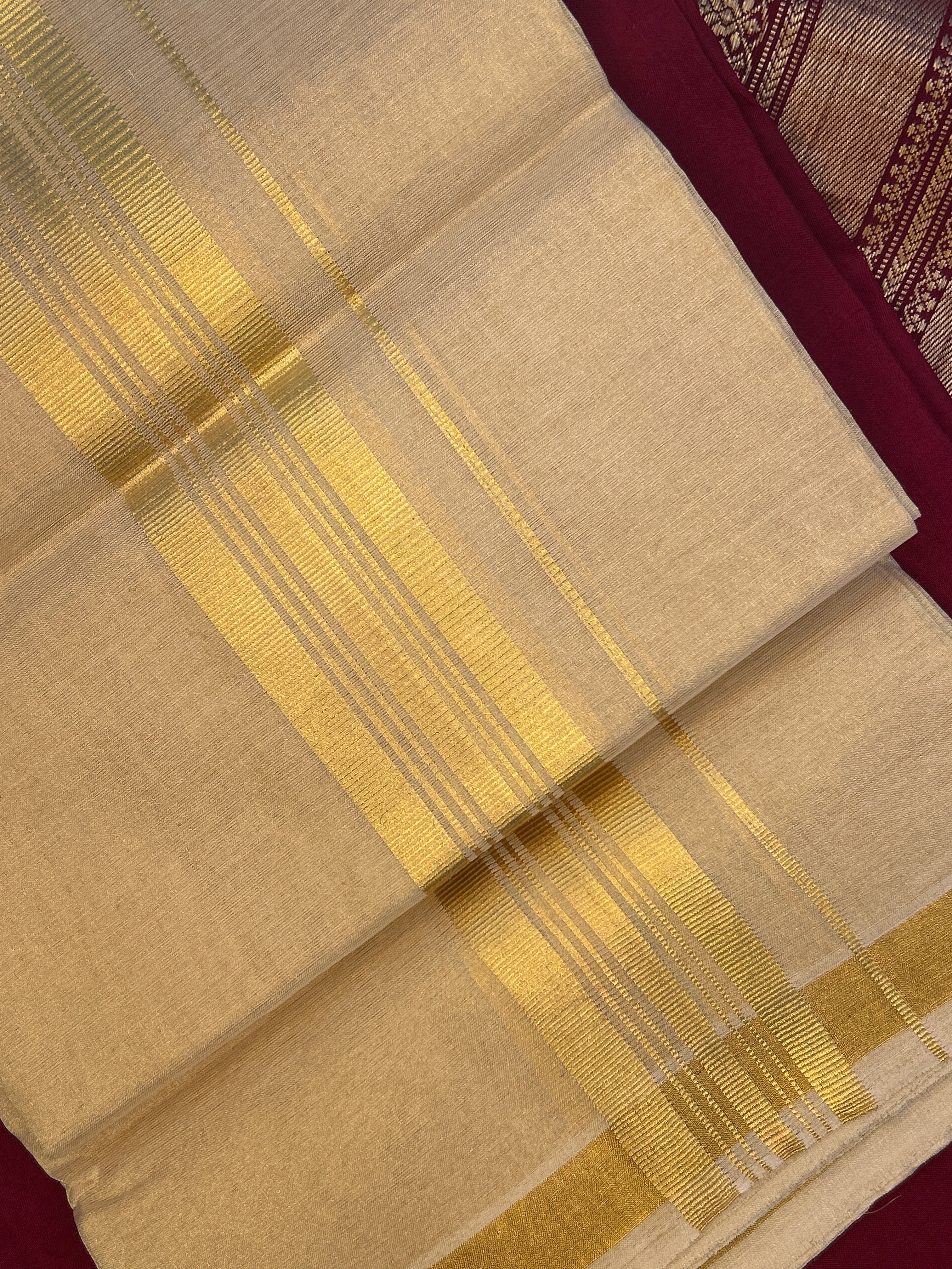 Cream Handloom Dhothi - Gold Zari